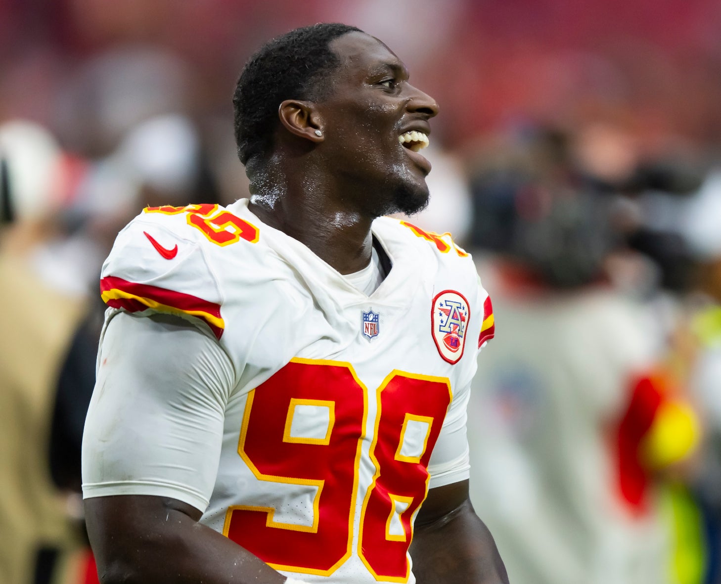 Sep 11, 2022; Glendale, Arizona, USA; Kansas City Chiefs defensive tackle Tershawn Wharton (98) against the Arizona Cardinals at State Farm Stadium. Mandatory Credit: Mark J. Rebilas-USA TODAY Sports  