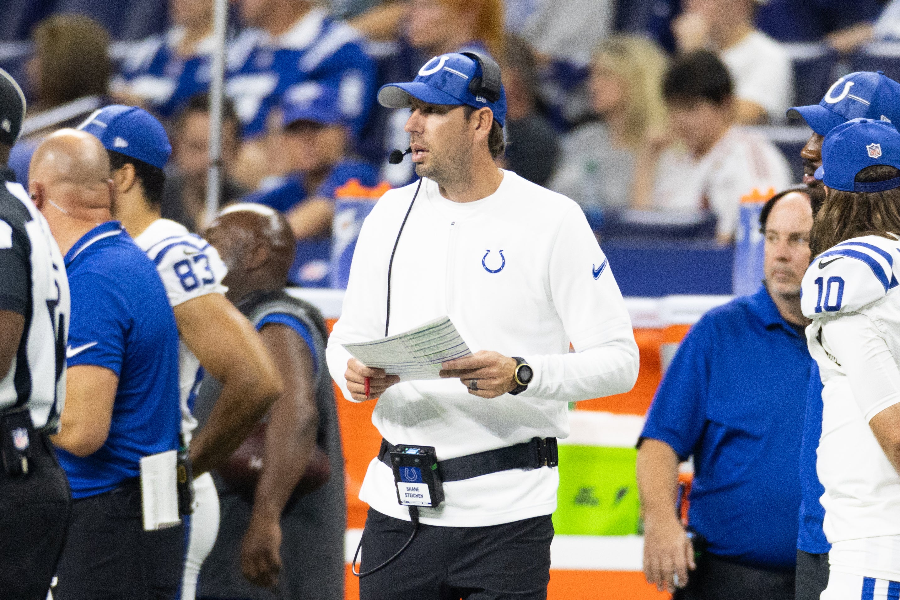Aug 19, 2023; Indianapolis, Indiana, USA; Indianapolis Colts head coach Shane Steichen in the second half against the Chicago Bears at Lucas Oil Stadium.