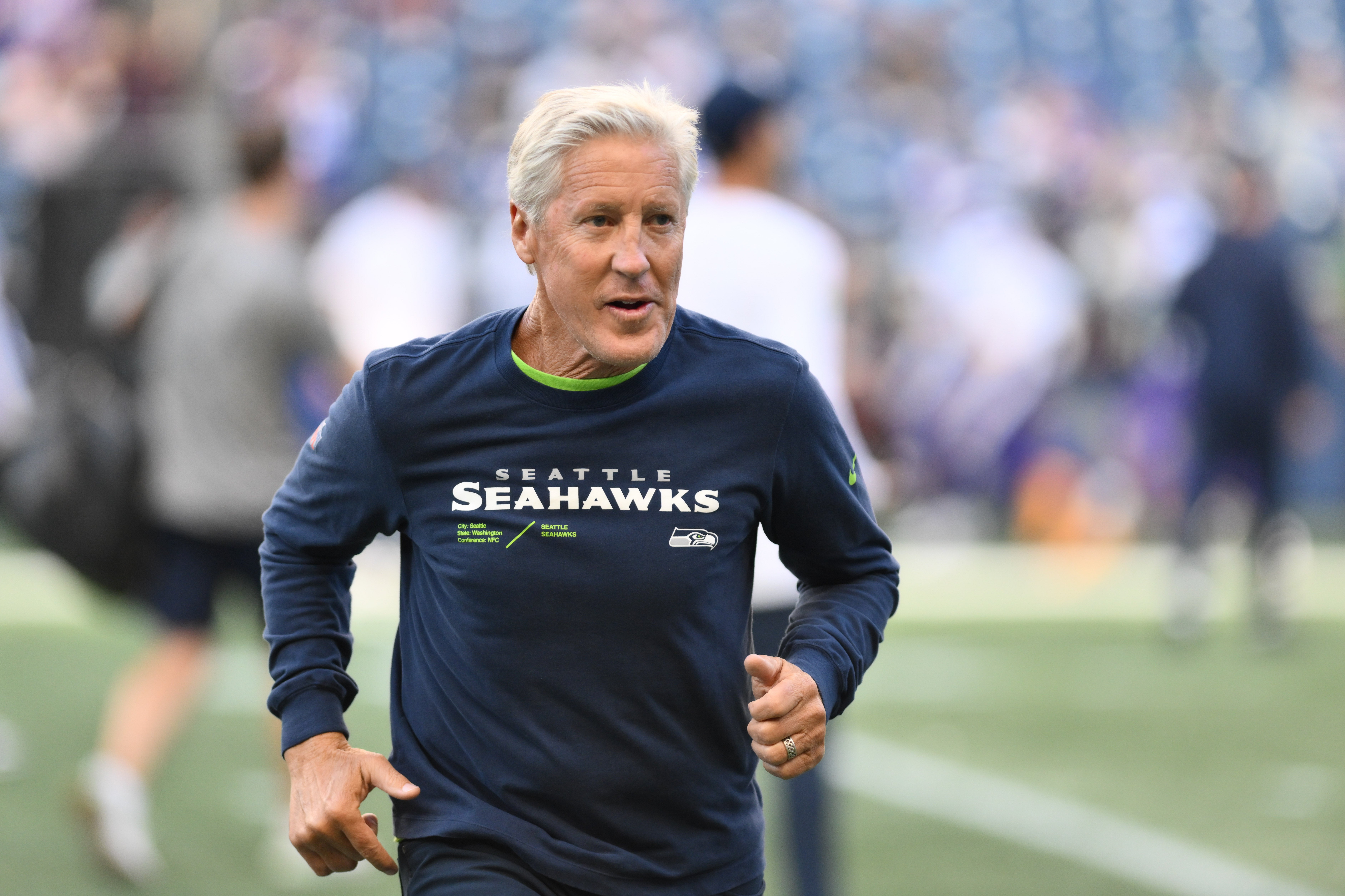 Aug 10, 2023; Seattle, Washington, USA; Seattle Seahawks head coach Pete Carroll during warmups before the Lumen Field game. Mandatory Credit: Steven Bisig-USA TODAY Sports