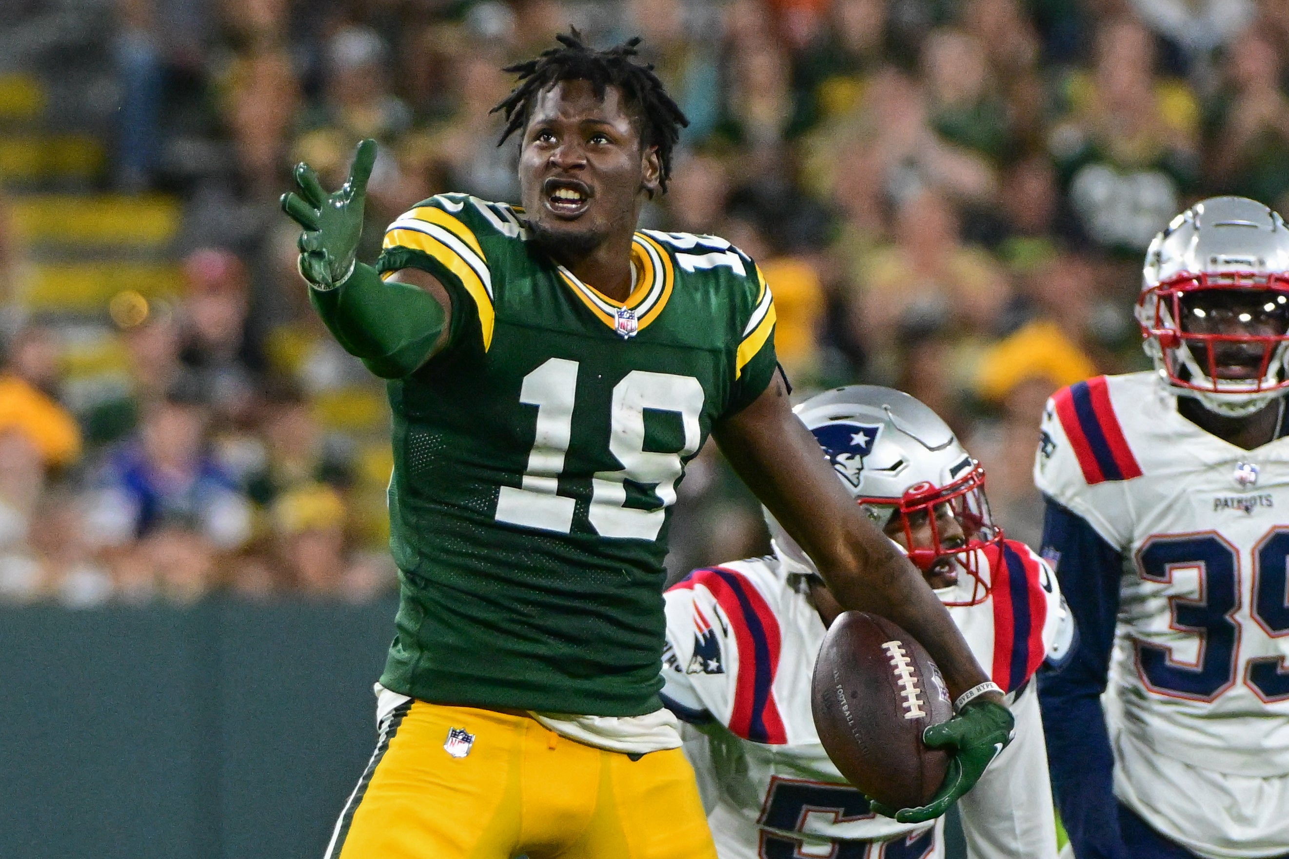 Aug 19, 2023; Green Bay, Wisconsin, USA; Green Bay Packers wide receiver Malik Heath (18) at Lambeau Field. Benny Sieu-USA TODAY Sports