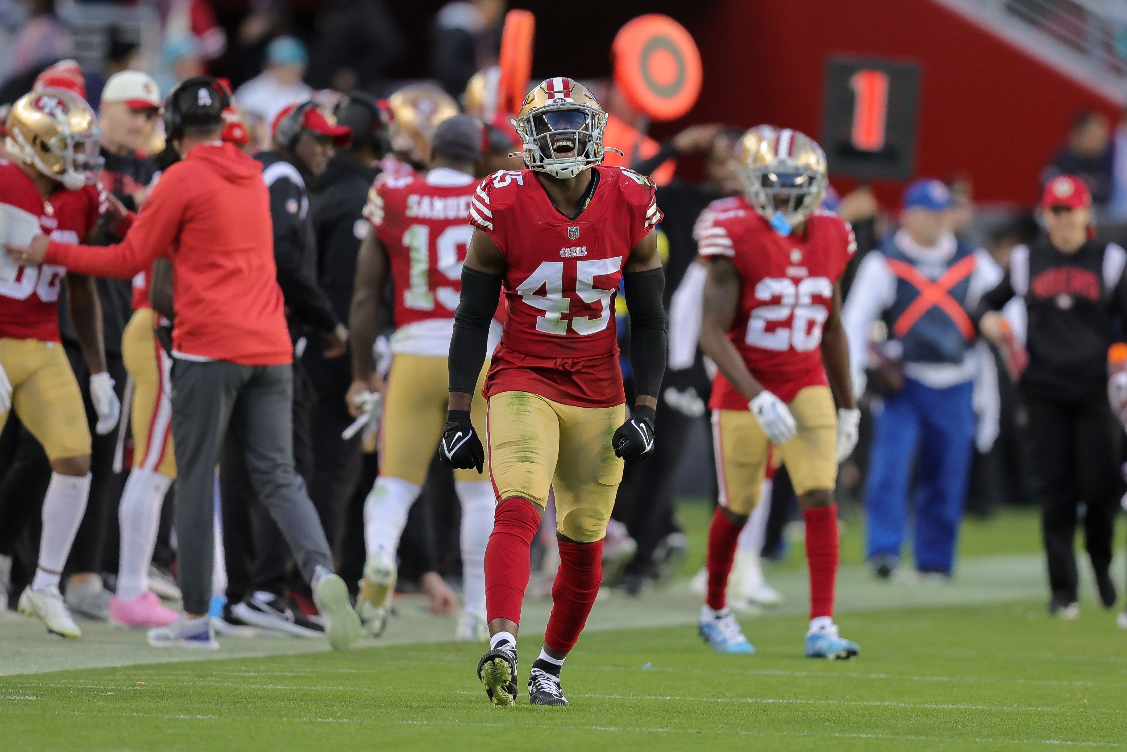 Dec 4, 2022; Santa Clara, California, USA; San Francisco 49ers linebacker Demetrius Flannigan-Fowles (45) during the game against the Miami Dolphins at Levi's Stadium. Mandatory Credit: Sergio Estrada-USA TODAY Sports