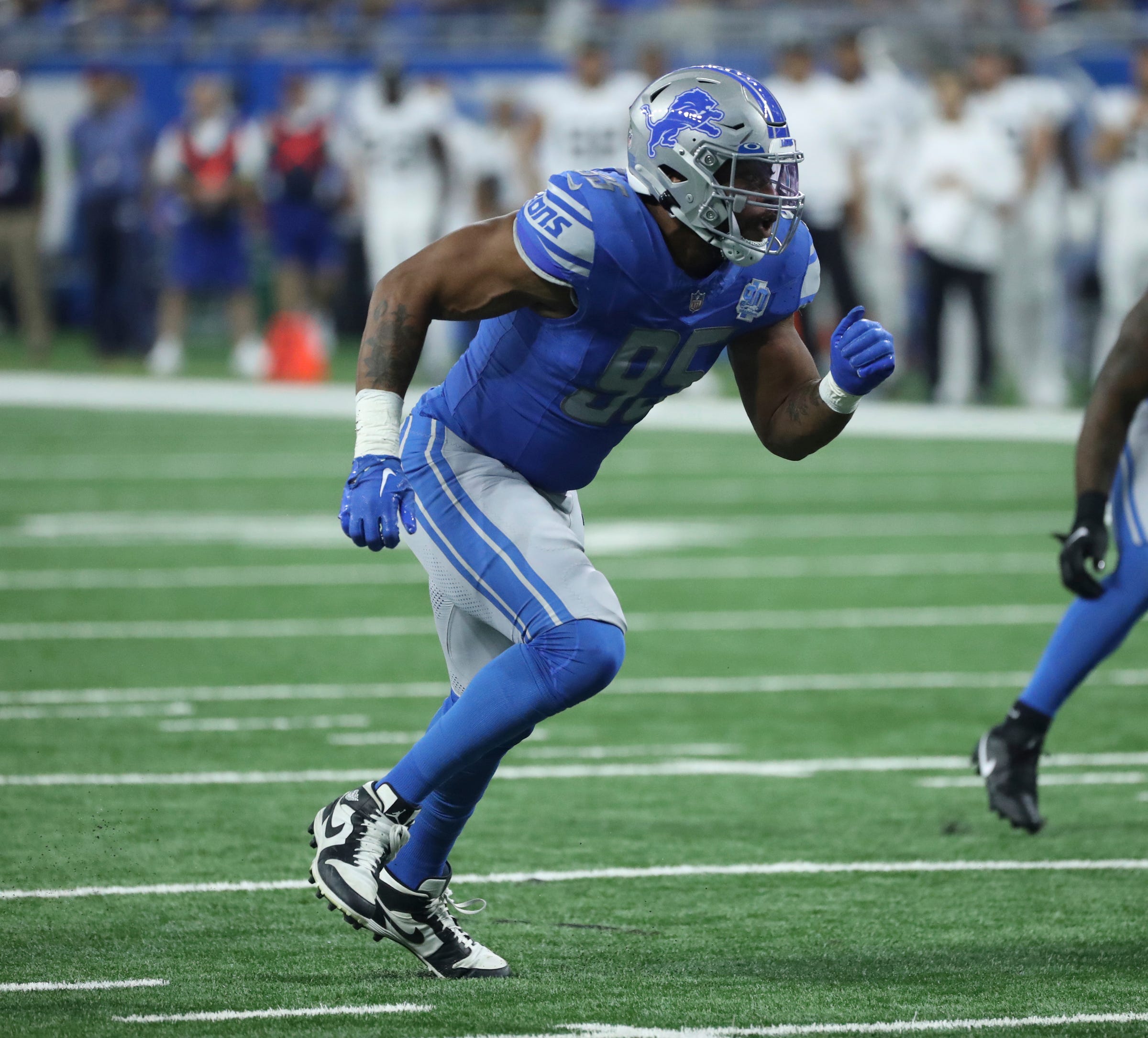Detroit Lions linebacker Romeo Okwara (95) rushes against the Jacksonville Jaguars during first half action Saturday, August 19, 2023.