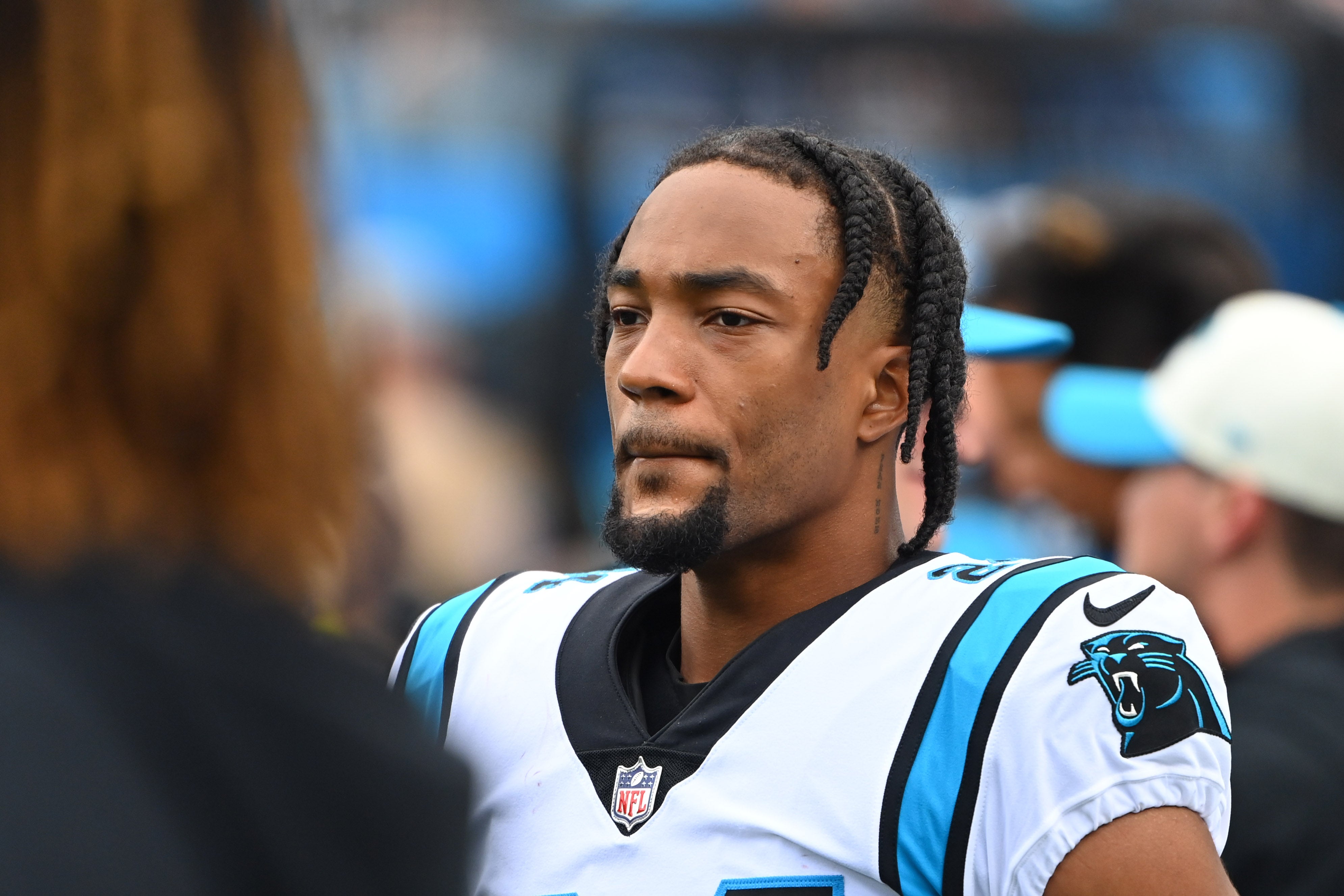 Sep 25, 2022; Charlotte, North Carolina, USA; Carolina Panthers cornerback CJ Henderson (24) on the sidelines in the second quarter at Bank of America Stadium. Mandatory Credit: Bob Donnan-USA TODAY Sports