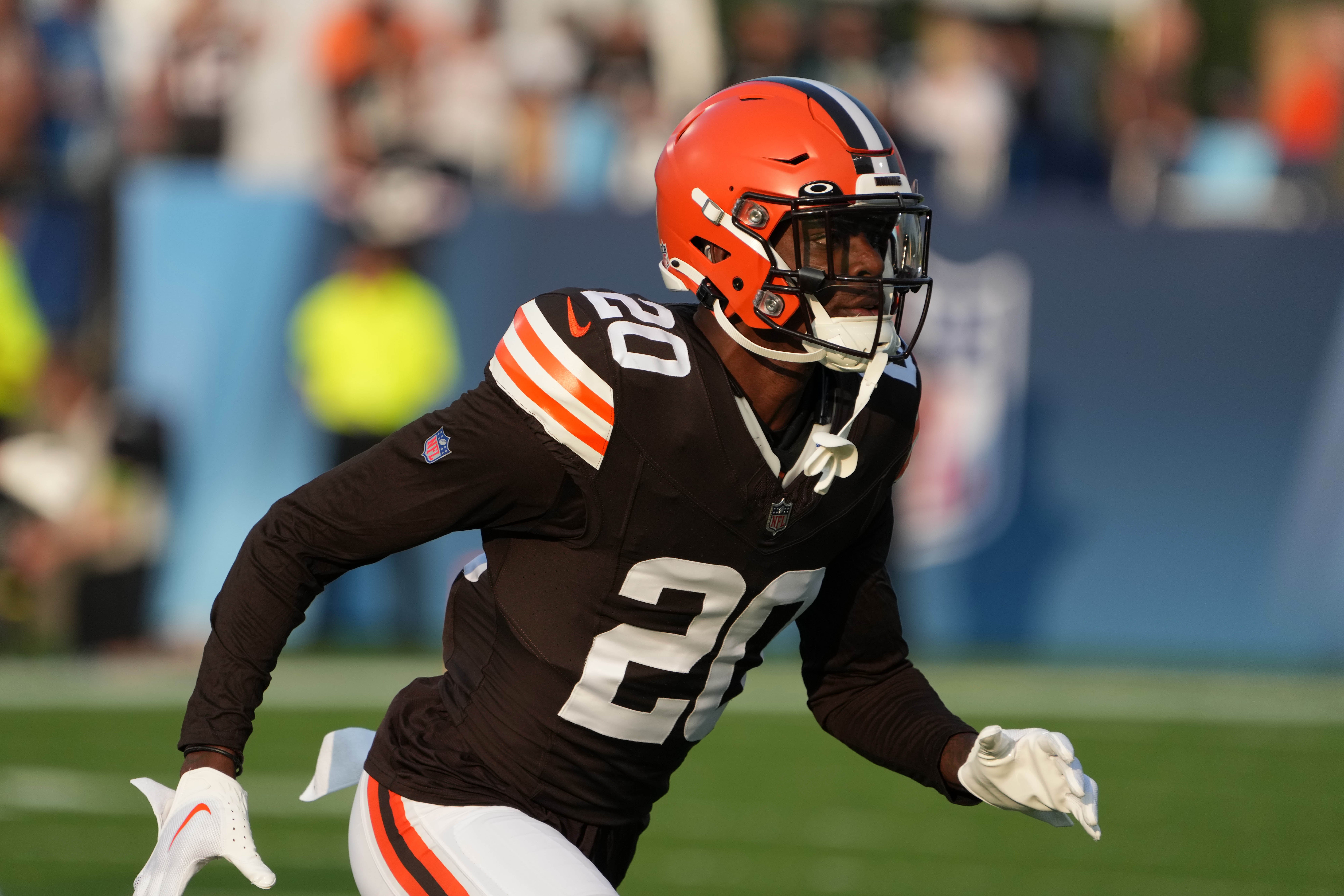 Aug 3, 2023; Canton, Ohio, USA; Cleveland Browns cornerback Chris Westry (20) during the first half against the New York Jets at Tom Benson Hall of Fame Stadium. Mandatory Credit: Kirby Lee-USA TODAY Sports