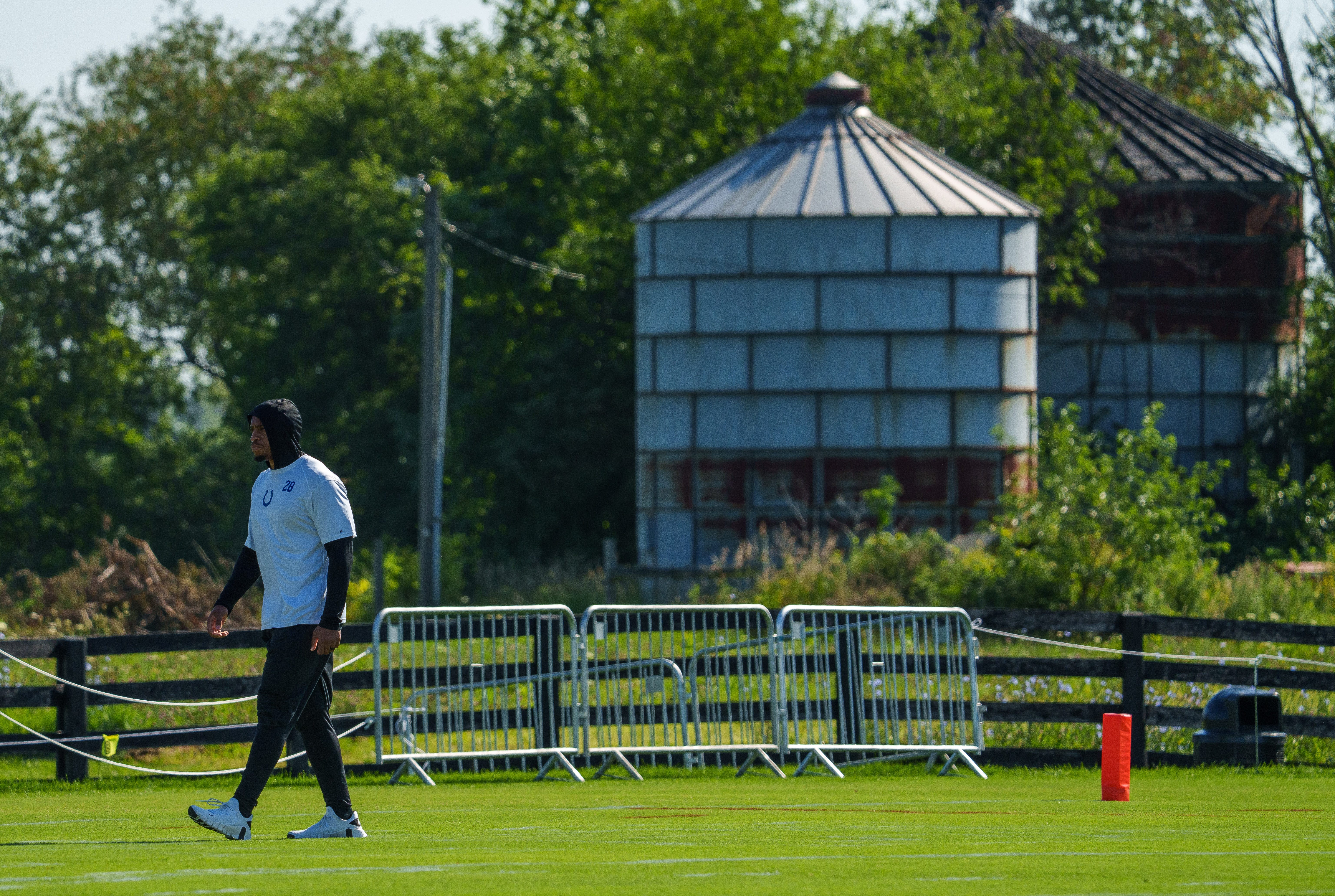 Indianapolis Colts running back Jonathan Taylor (28) walks to a drill Monday, July 31, 2023, during training camp at the Grand Park Sports Campus in Westfield, Indiana.