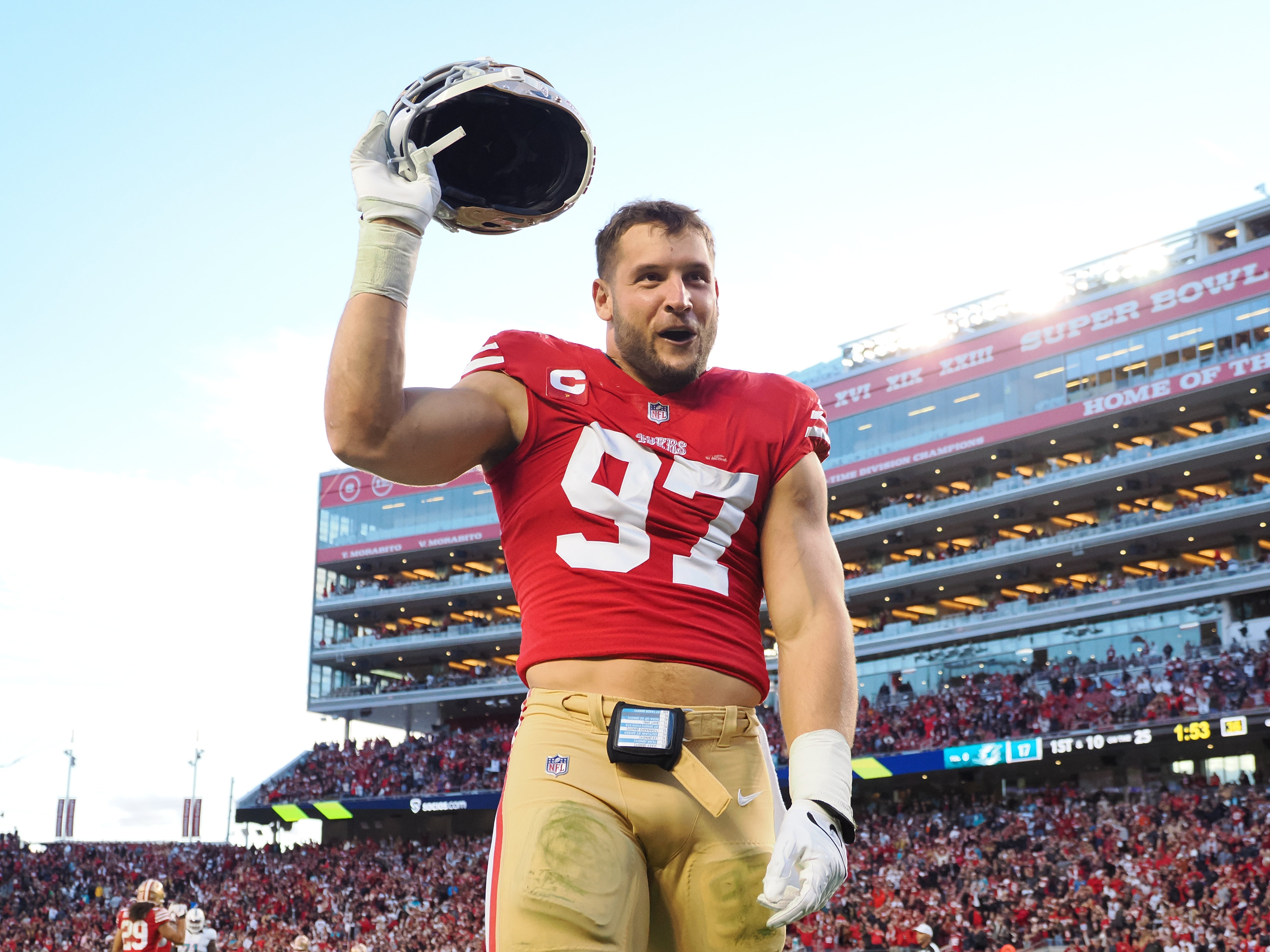 Dec 4, 2022; Santa Clara, California, USA; San Francisco 49ers defensive end Nick Bosa (97) celebrates a play against the Miami Dolphins during the fourth quarter at Levi's Stadium. Mandatory Credit: Kelley L Cox-USA TODAY Sports