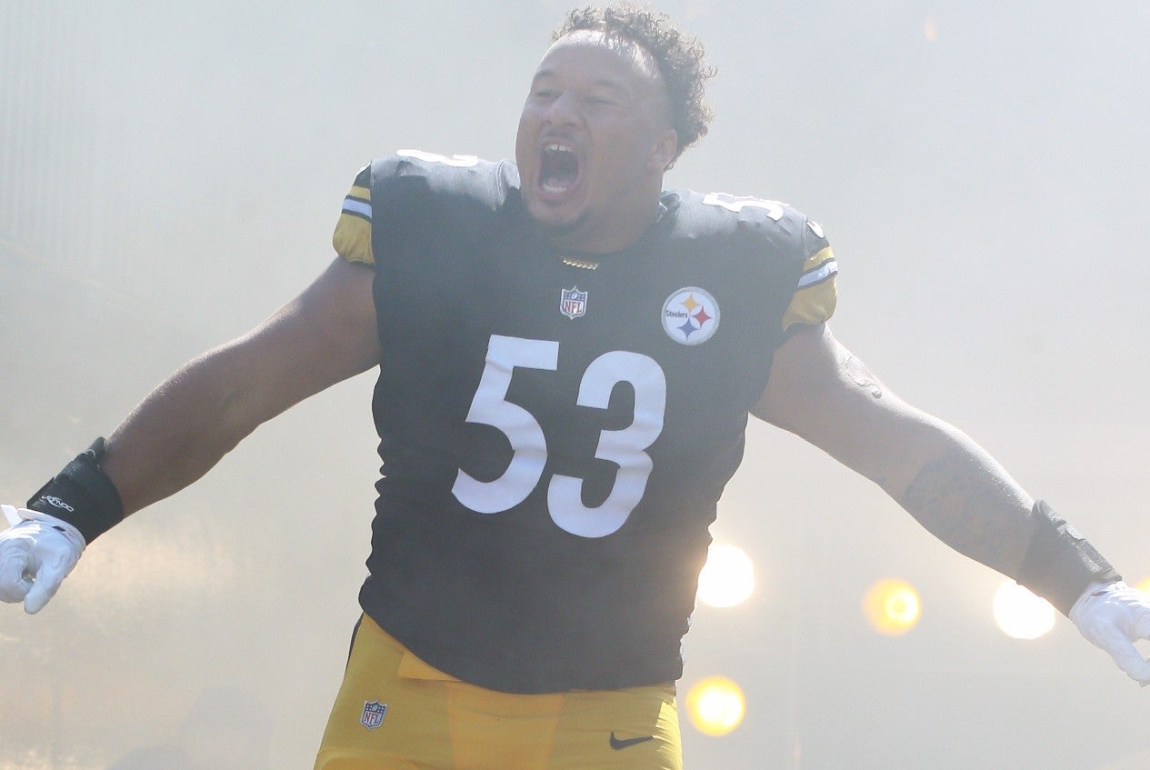 Sep 19, 2021; Pittsburgh, Pennsylvania, USA; Pittsburgh Steelers guard Kendrick Green (53) reacts as he takes the field against the Las Vegas Raiders at Heinz Field. Mandatory Credit: Charles LeClaire-USA TODAY Sports  