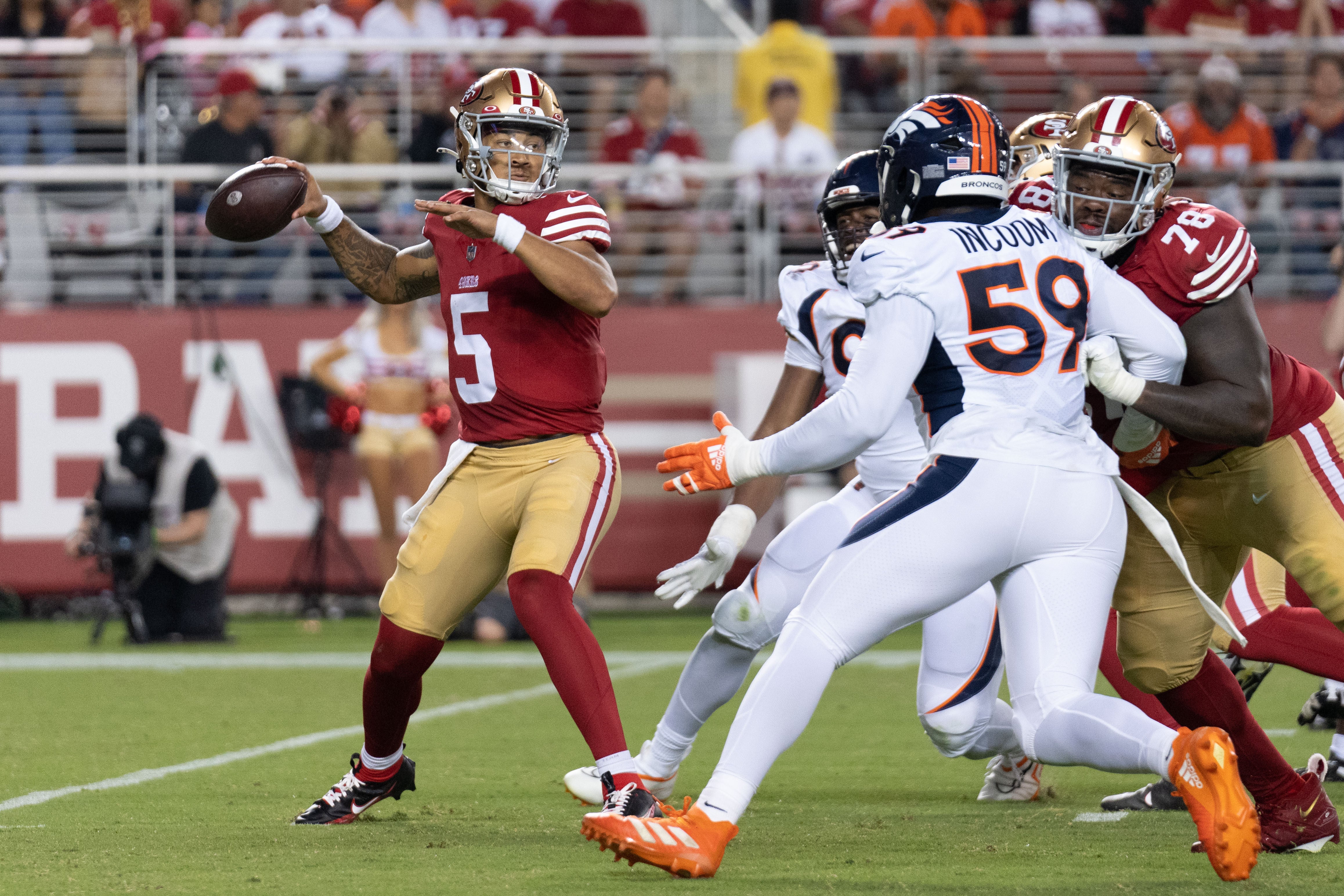 Aug 19, 2023; Santa Clara, California, USA; San Francisco 49ers quarterback Trey Lance (5) throws the football during the fourth quarter against the Denver Broncos at Levi's Stadium. Mandatory Credit: Stan Szeto-USA TODAY Sports