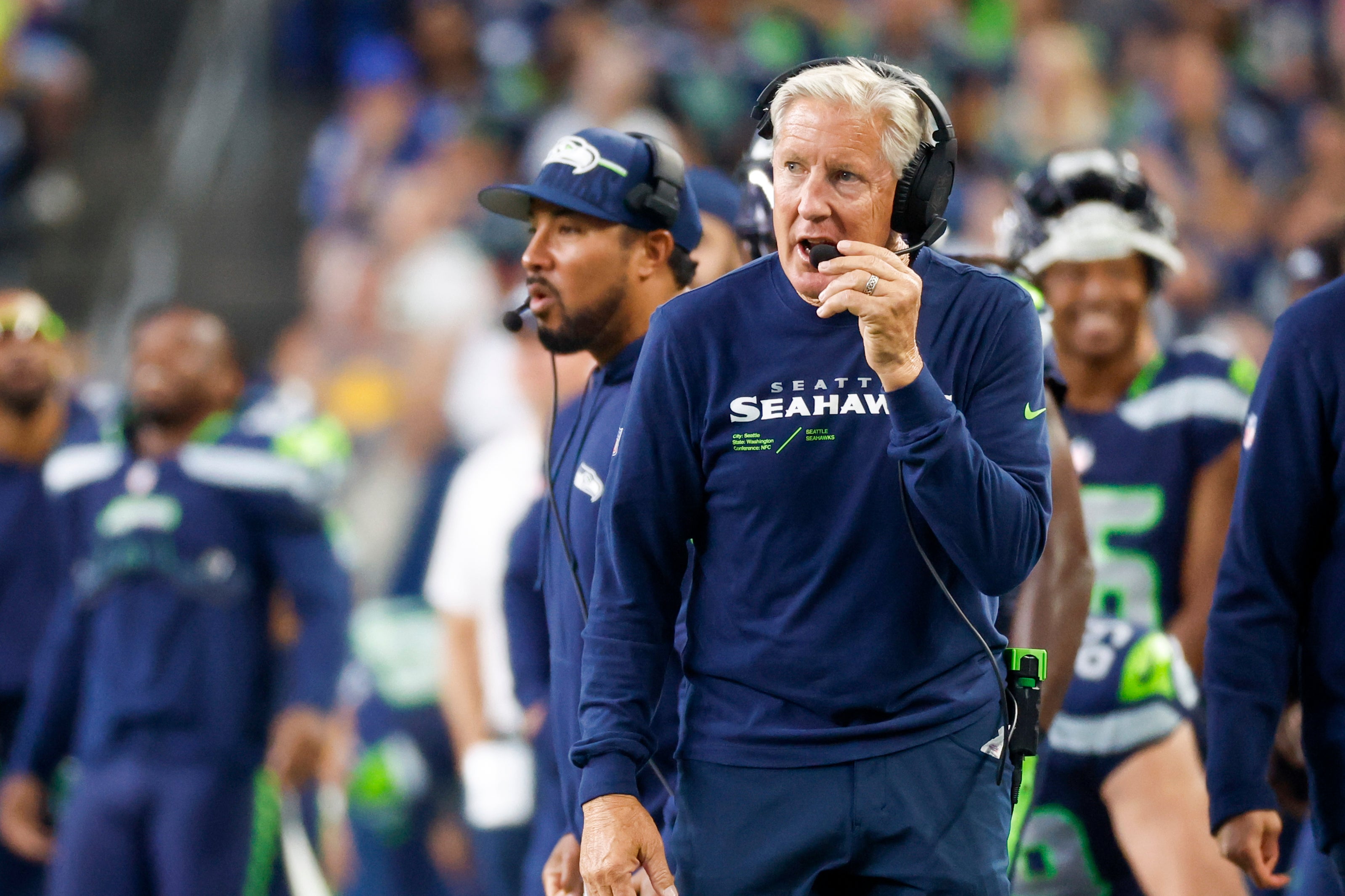 Aug 19, 2023; Seattle, Washington, USA; Seattle Seahawks head coach Pete Carroll stands on the sideline during the second quarter against the Dallas Cowboys at Lumen Field. Mandatory Credit: Joe Nicholson-USA TODAY Sports