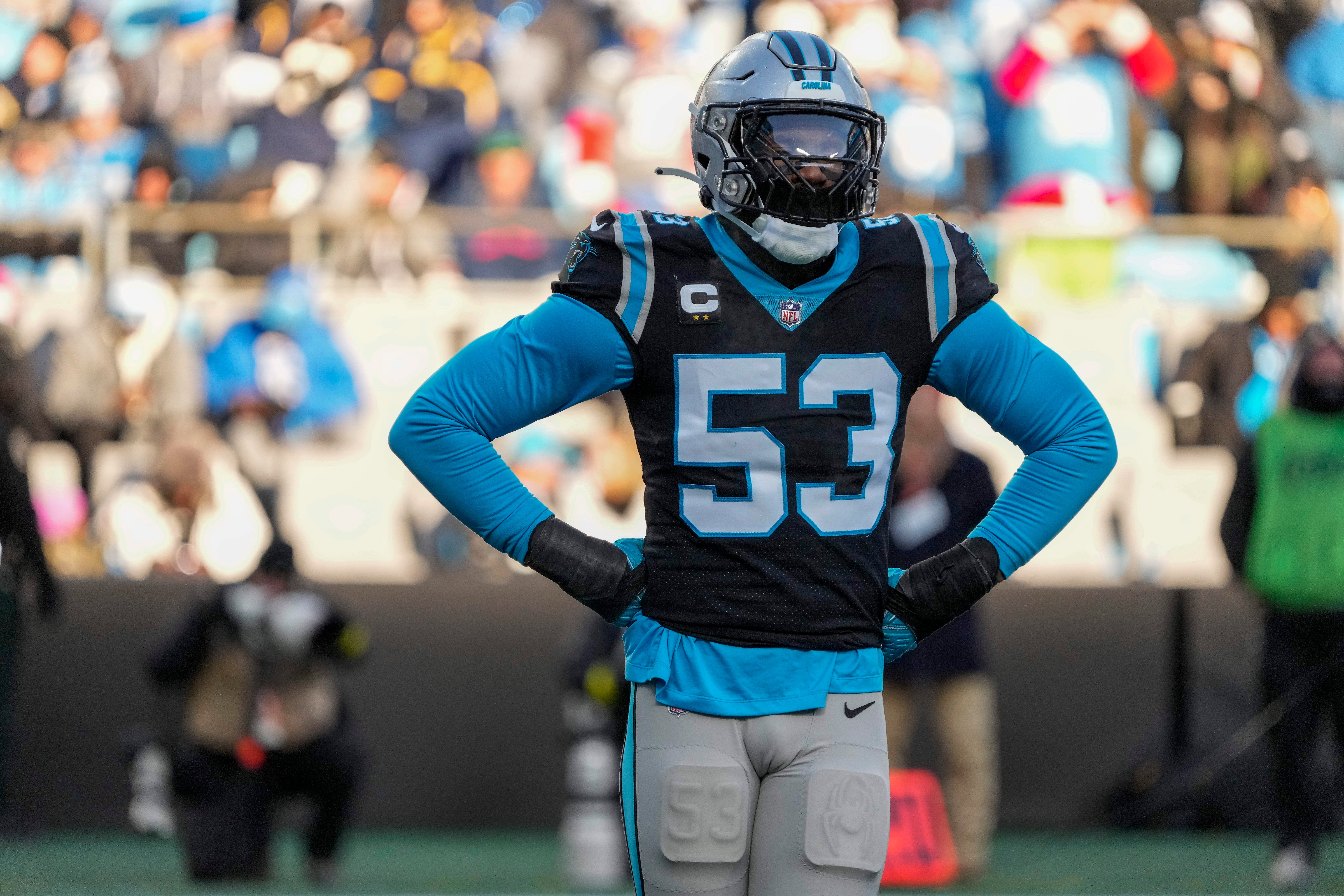 Dec 24, 2022; Charlotte, North Carolina, USA; Carolina Panthers defensive end Brian Burns (53) during the second half against the Detroit Lions at Bank of America Stadium. Mandatory Credit: Jim Dedmon-USA TODAY Sports