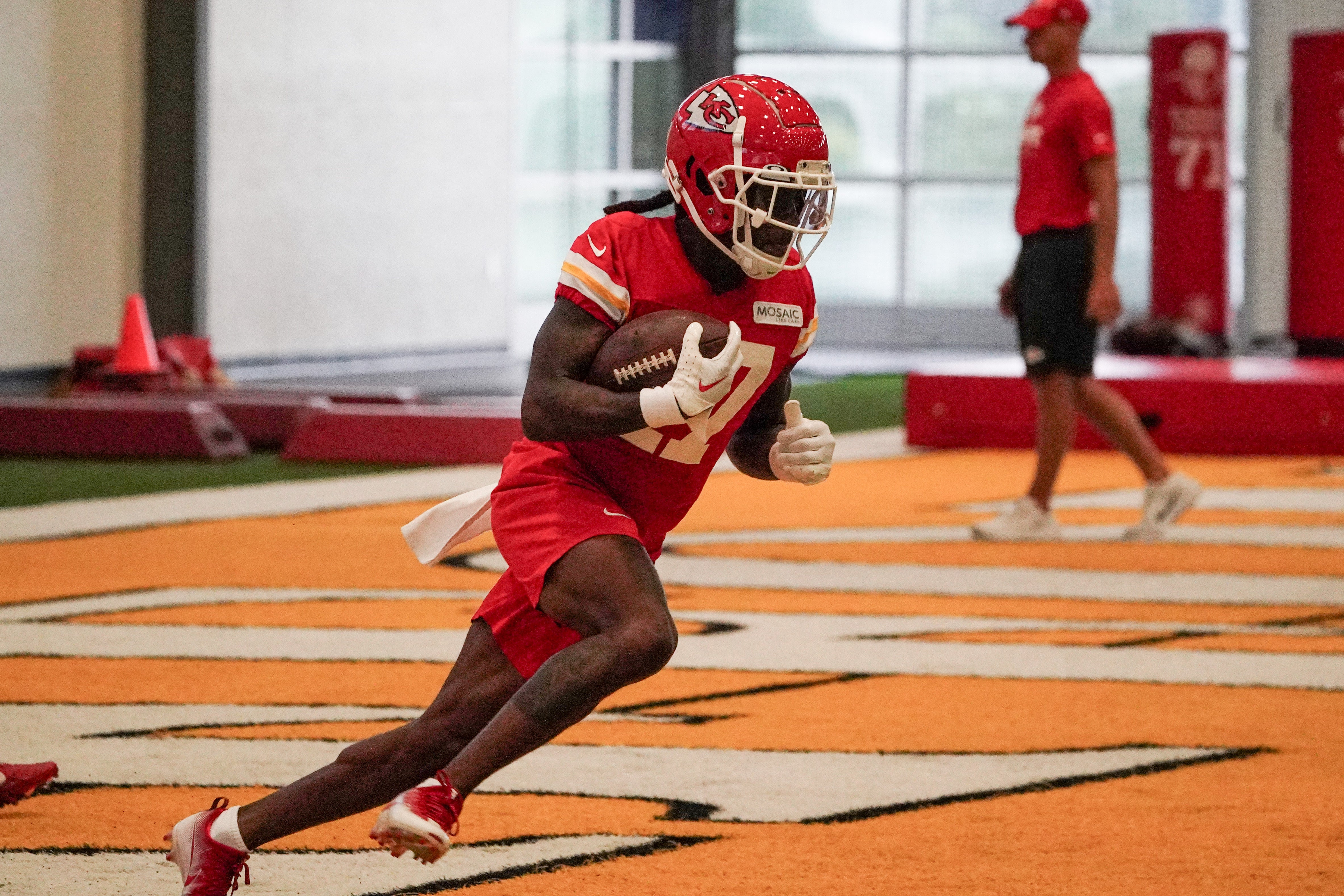 Jul 24, 2023; St. Joseph, MO, USA; Kansas City Chiefs wide receiver Richie James (17) catches a pass in the indoor practice facility during training camp at Missouri Western State University. Mandatory Credit: Denny Medley-USA TODAY Sports