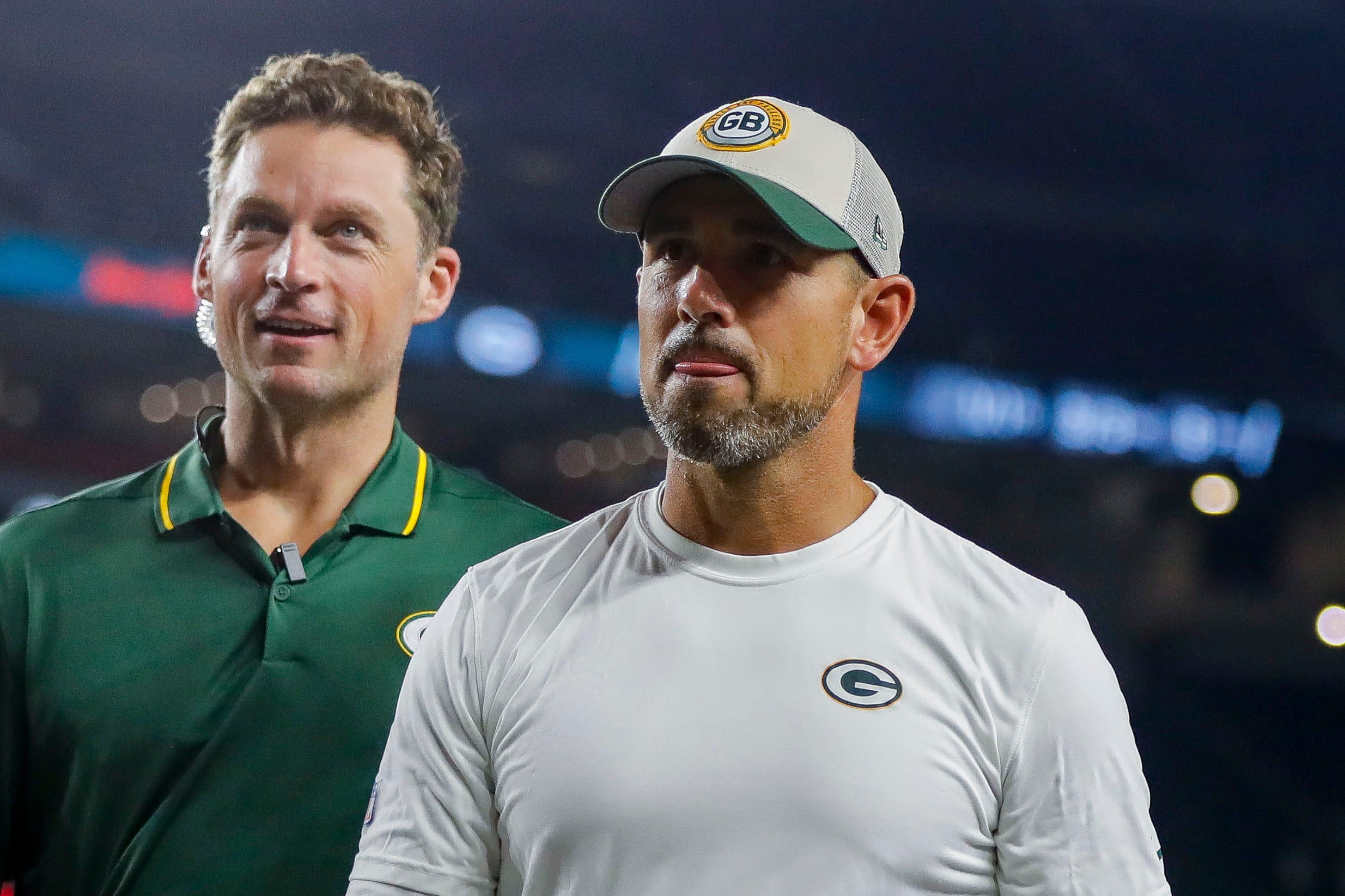 Aug 11, 2023; Cincinnati, Ohio, USA; Green Bay Packers head coach Matt LaFleur walks off the field after a victory over the Cincinnati Bengals at Paycor Stadium. Katie Stratman-USA TODAY Sports