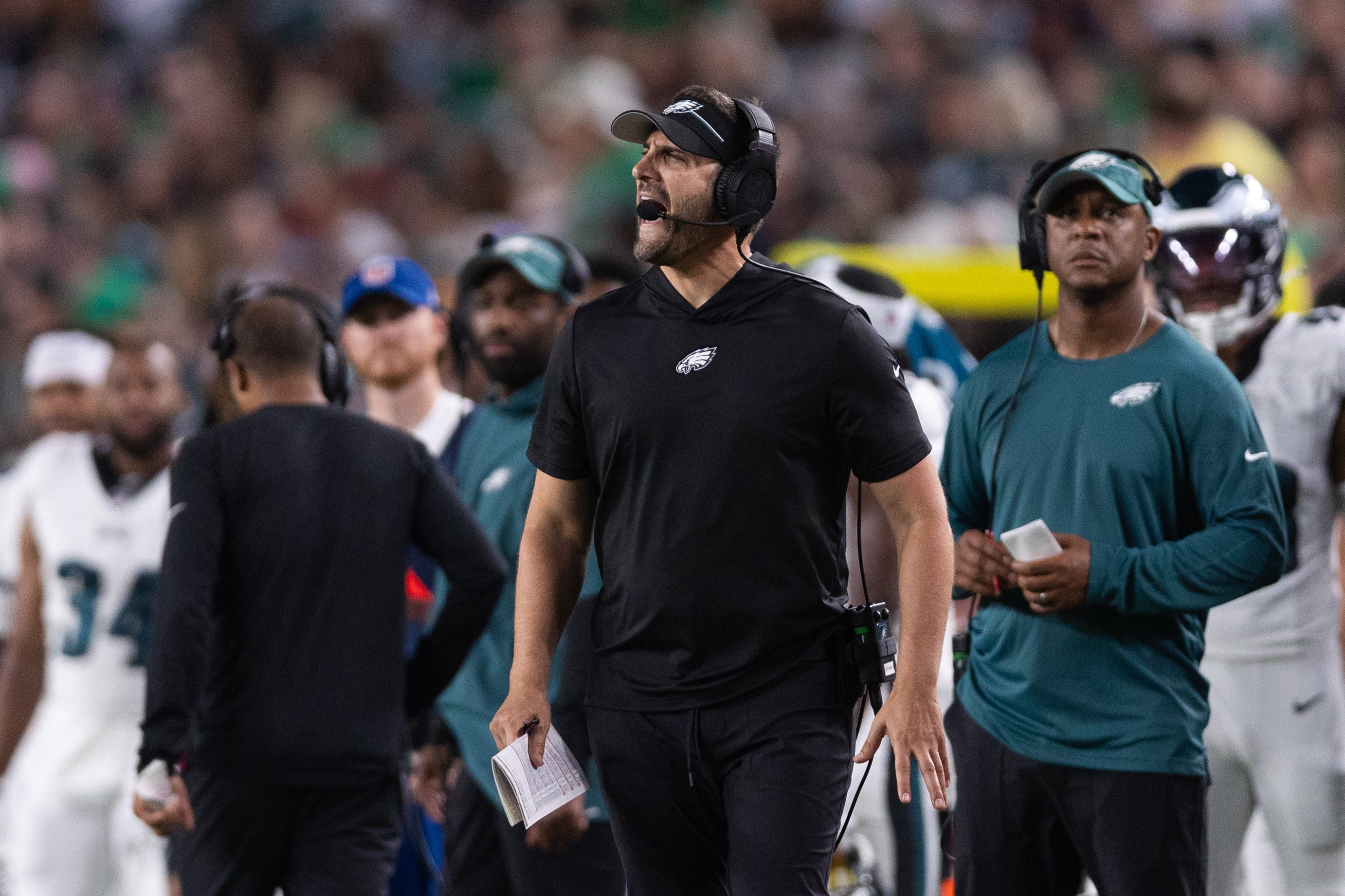 Philadelphia Eagles head coach Nick Sirianni reacts on the sideline during the second quarter against the Cleveland Browns at Lincoln Financial Field. Mandatory Credit: Bill Streicher-USA TODAY Sports
