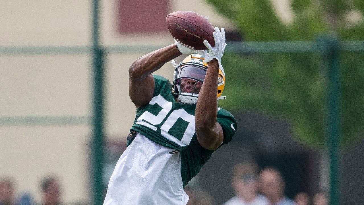 Green Bay Packers safety Rudy Ford (20) intercepts the ball in a takeway drill during practice on Tuesday, August 1, 2023, at Ray Nitschke Field in Green Bay, Wis. Tork Mason/USA TODAY NETWORK-Wisconsin