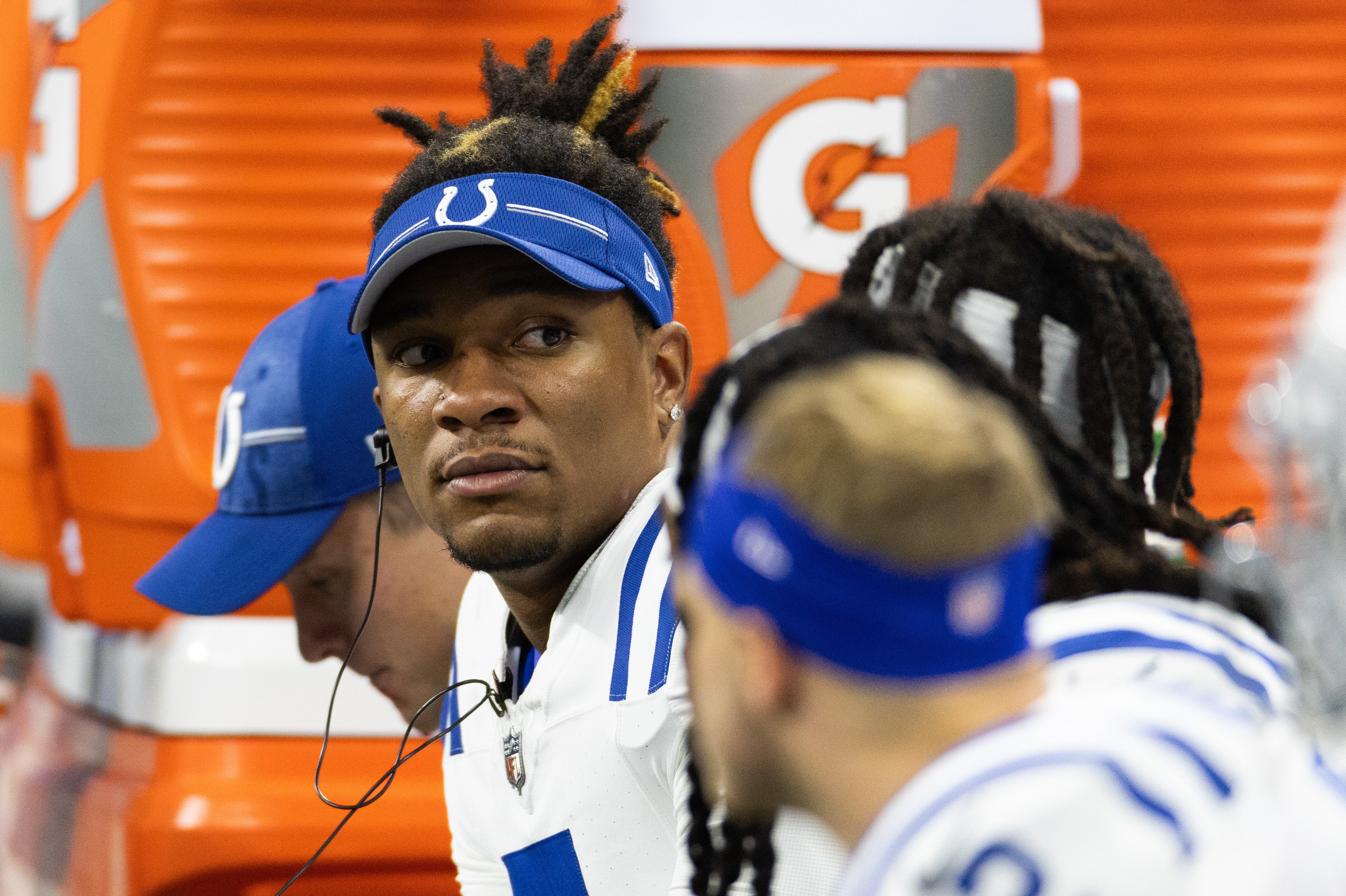 Aug 19, 2023; Indianapolis, Indiana, USA; Indianapolis Colts quarterback Anthony Richardson (5) on the bench in the second half against the Chicago Bears at Lucas Oil Stadium.