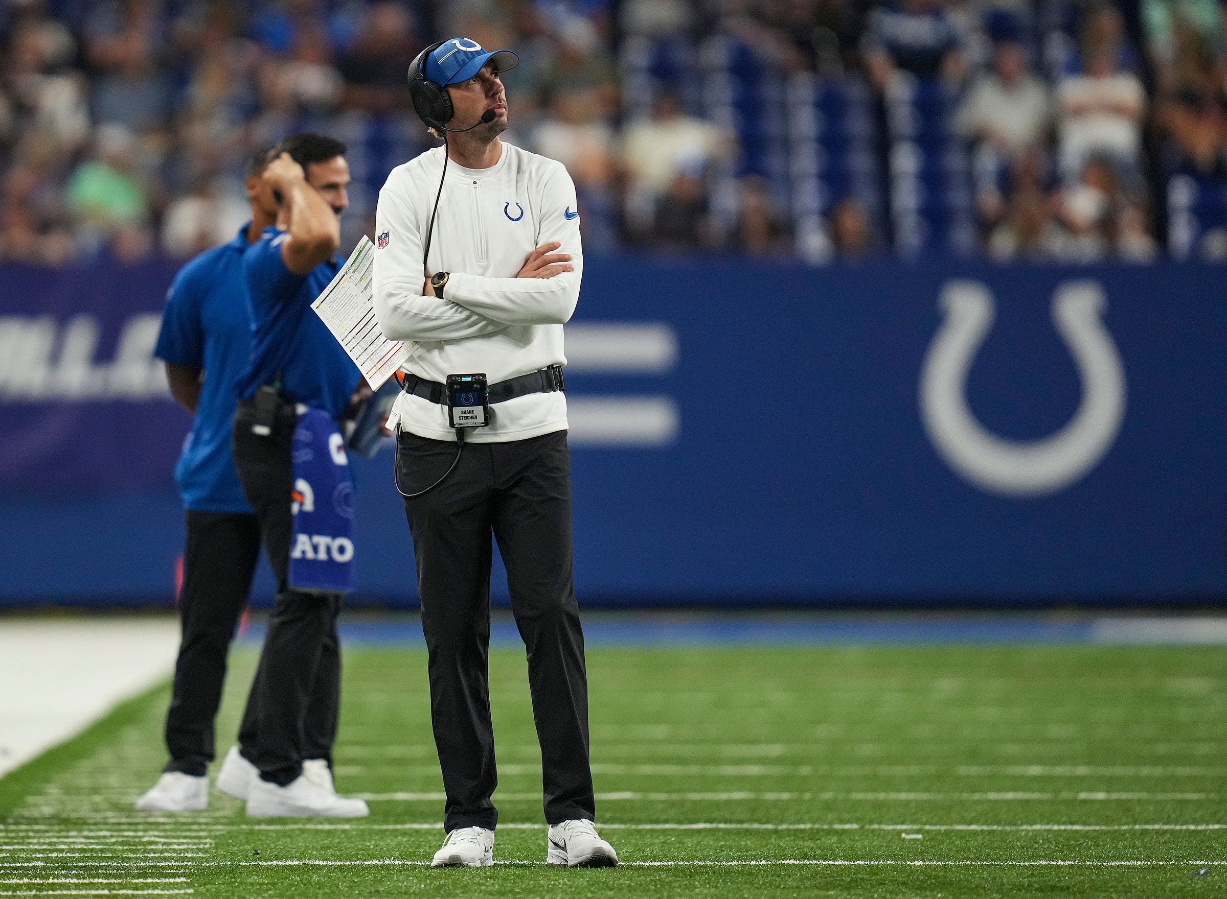 Indianapolis Colts head coach Shane Steichen during the second half of an NFL preseason game against Chicago on Saturday, Aug. 19, 2023, at Lucas Oil Stadium in Indianapolis. The Colts defeated the Bears, 24-17.