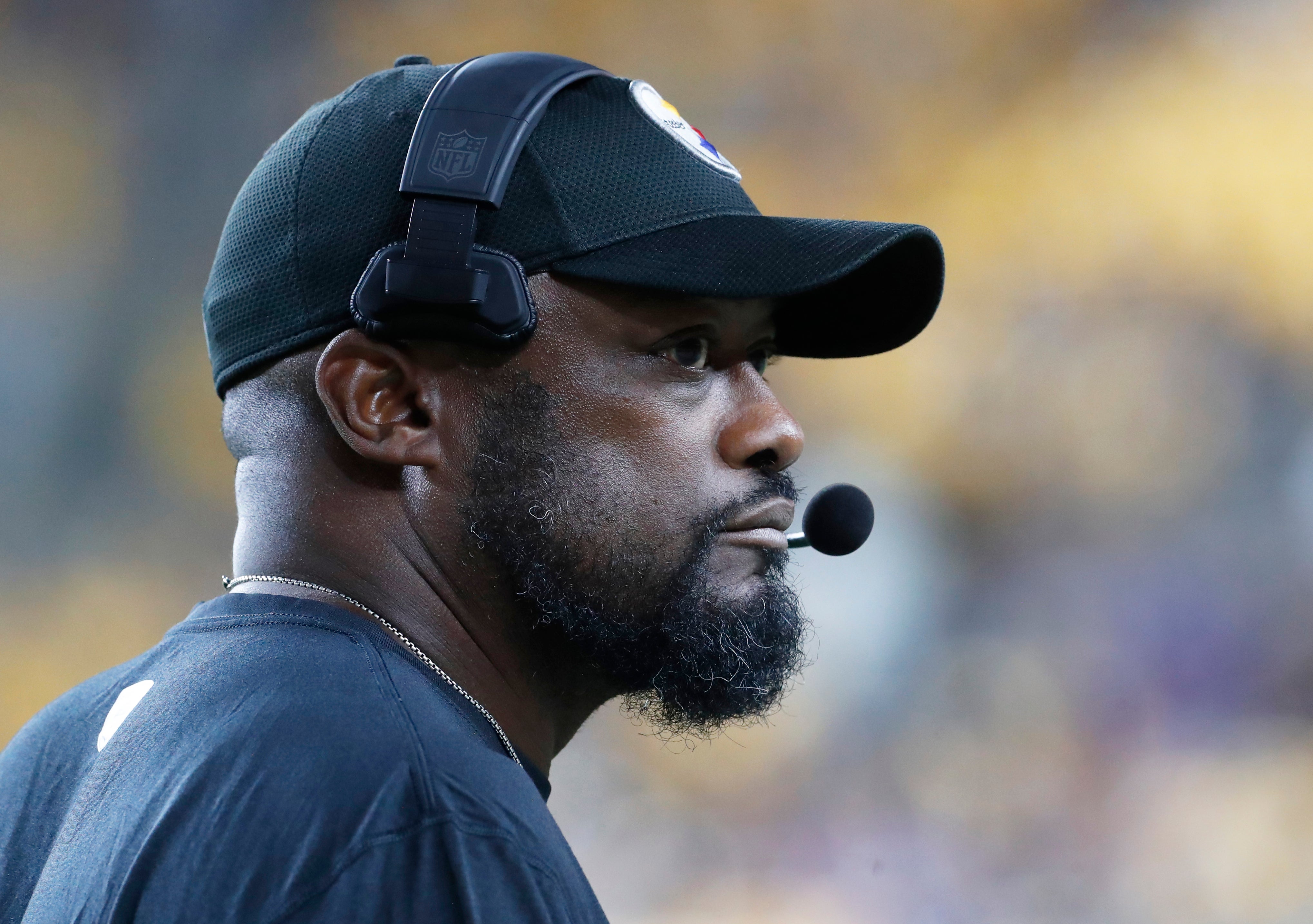 Aug 19, 2023; Pittsburgh, Pennsylvania, USA; Pittsburgh Steelers head coach Mike Tomlin looks on from the sidelines against the Buffalo Bills during the fourth quarter at Acrisure Stadium. Pittsburgh won 27-15. Mandatory Credit: Charles LeClaire-USA TODAY Sports