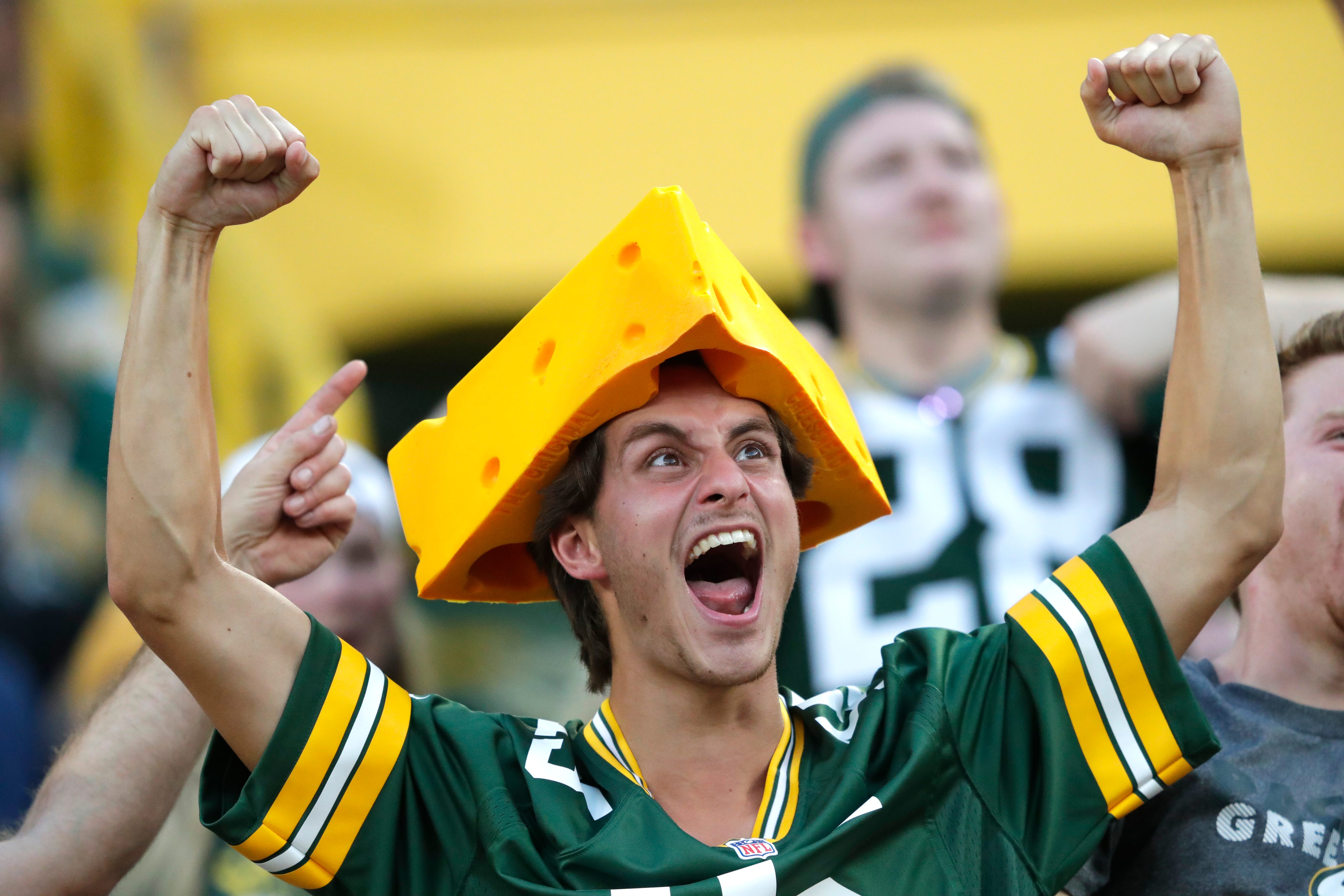 A Green Bay Packers fan cheers as the team plays against the New England Patriots during their preseason football game Saturday, August 19, 2023, at Lambeau Field in Green Bay, Wis. Dan Powers/USA TODAY NETWORK-Wisconsin