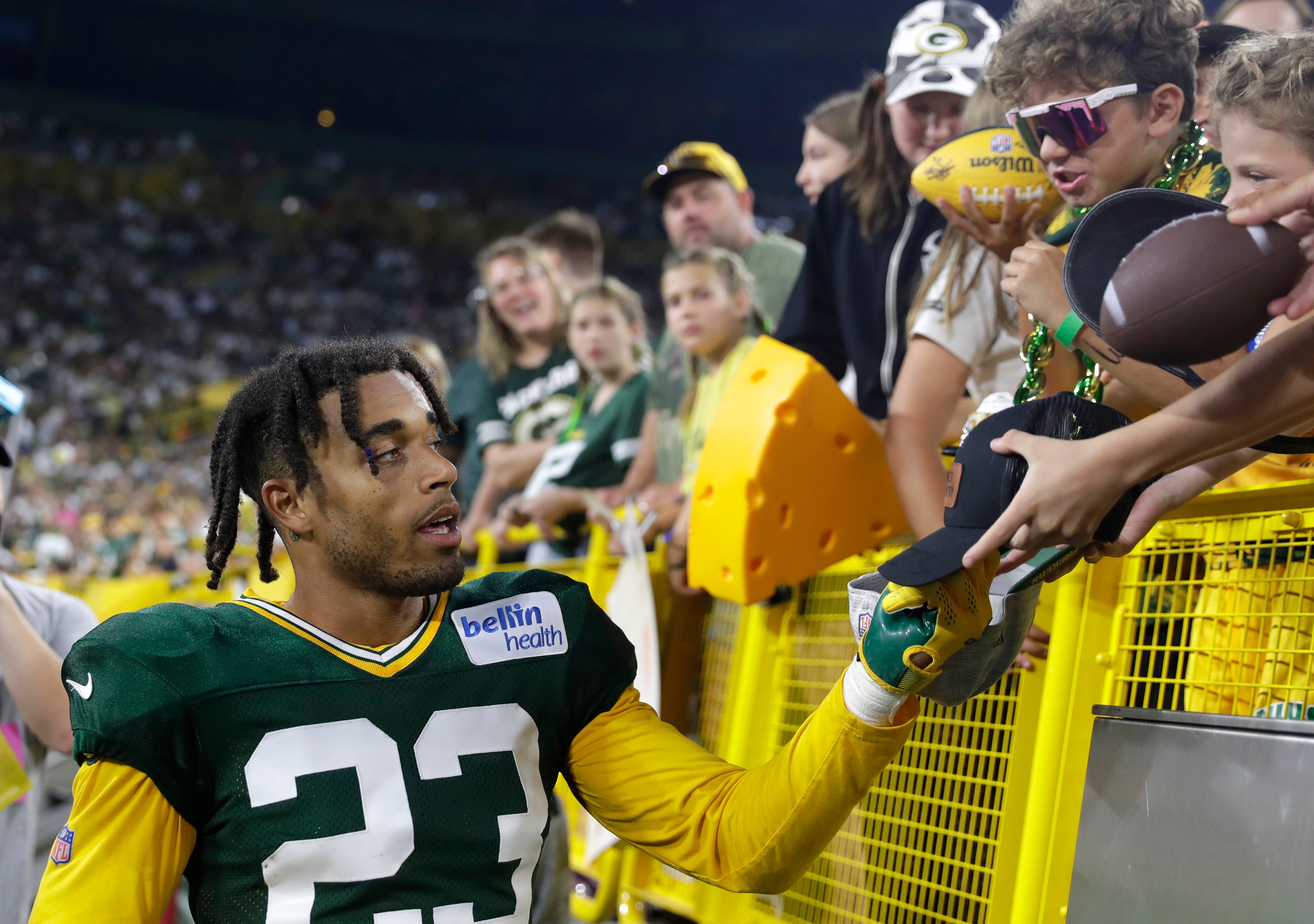 Green Bay Packers cornerback Jaire Alexander (23) signs autographs for fans during Family Night on Aug. 5, 2023, at Lambeau Field in Green Bay, Wis. Sarah Kloepping/USA TODAY NETWORK-Wisconsin / USA TODAY NETWORK