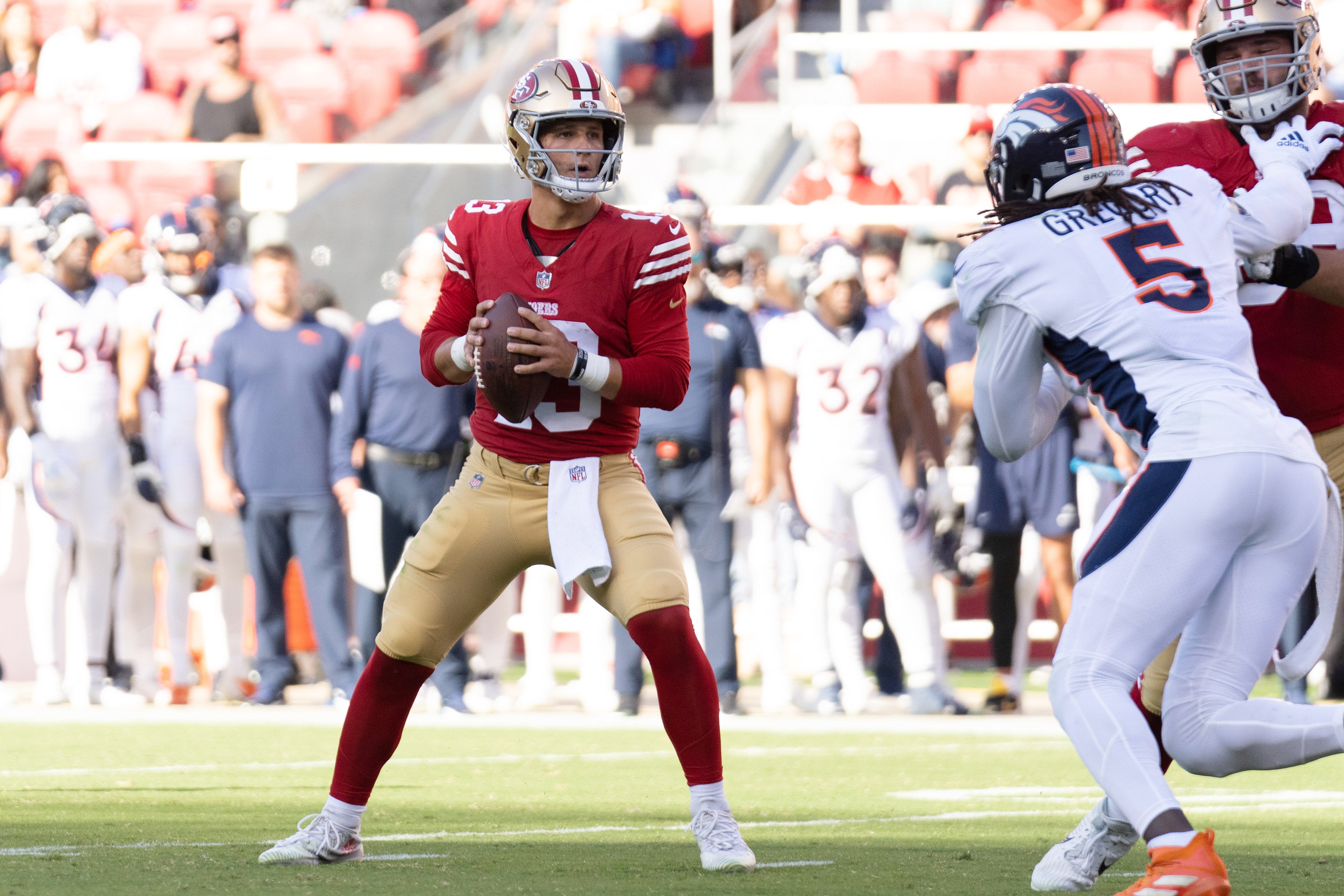 Aug 19, 2023; Santa Clara, California, USA; San Francisco 49ers quarterback Brock Purdy (13) looks to throw during the first quarter against the Denver Broncos at Levi's Stadium. Mandatory Credit: Stan Szeto-USA TODAY Sports