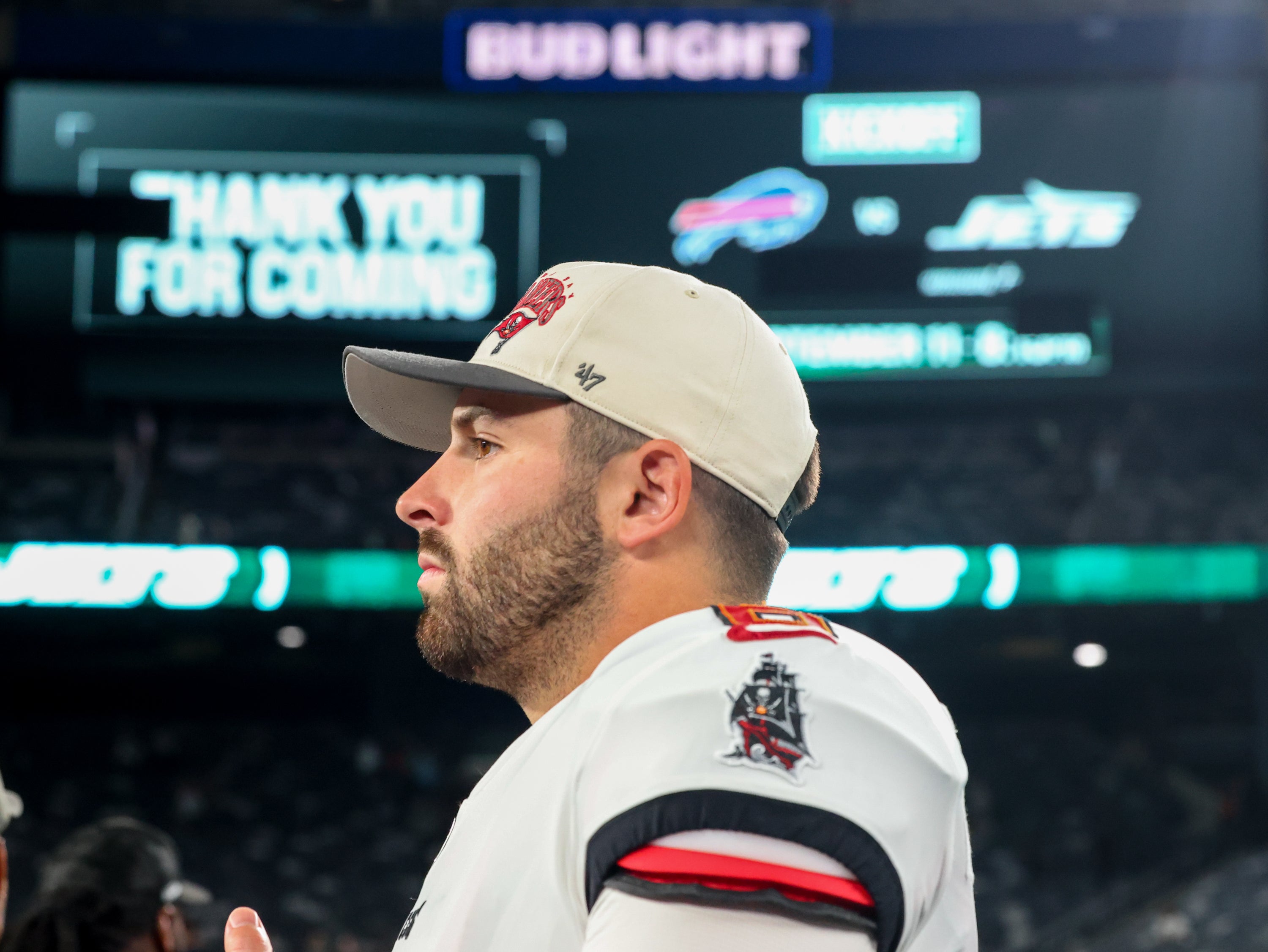 Aug 19, 2023; East Rutherford, New Jersey, USA; Tampa Bay Buccaneers quarterback Baker Mayfield (6) walks off the field after their game against the New York Jets at MetLife Stadium. Mandatory Credit: Ed Mulholland-USA TODAY Sports
