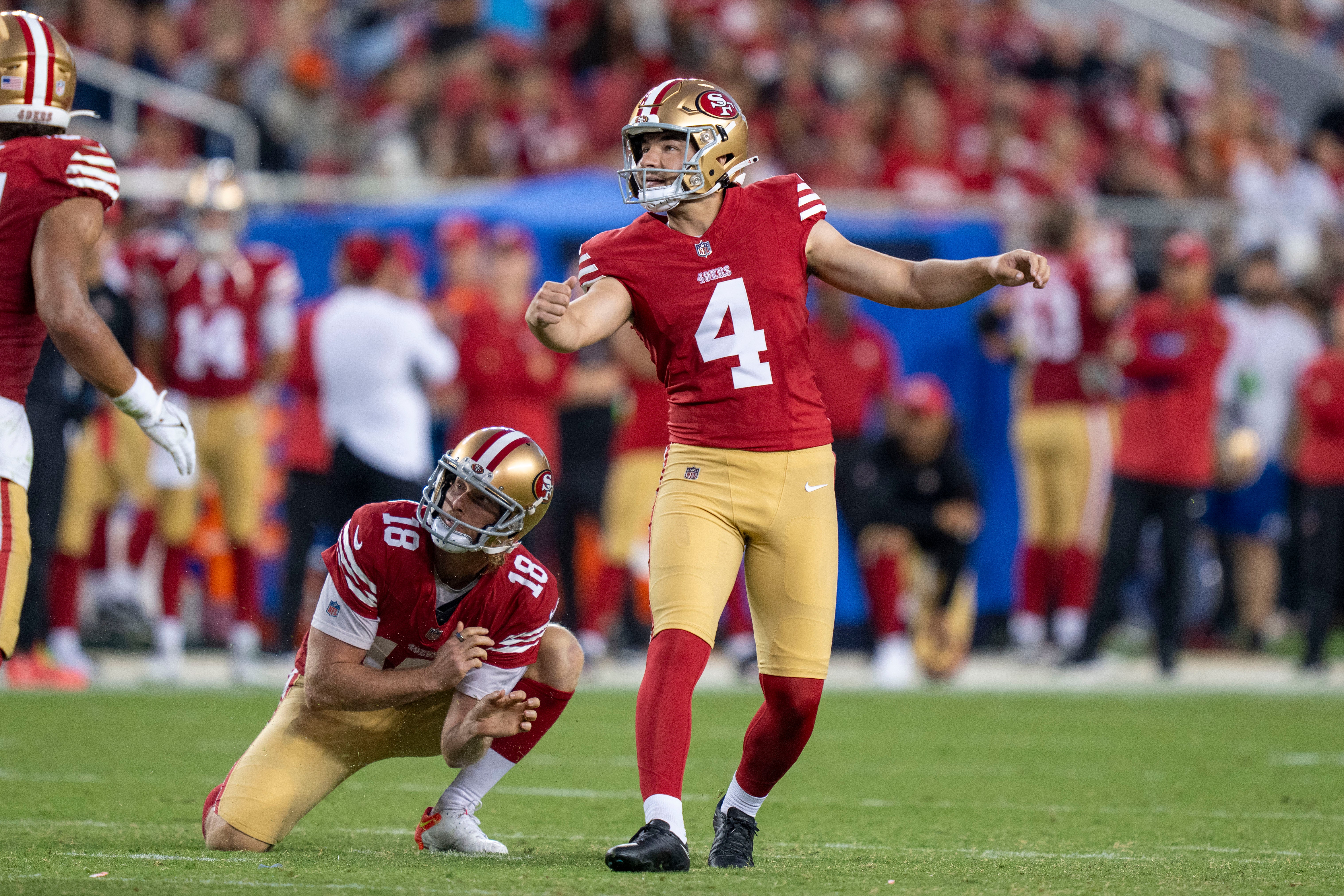 August 19, 2023; Santa Clara, California, USA; San Francisco 49ers place kicker Jake Moody (4) kicks a field goal against the Denver Broncos during the fourth quarter at Levi's Stadium. Mandatory Credit: Kyle Terada-USA TODAY Sports