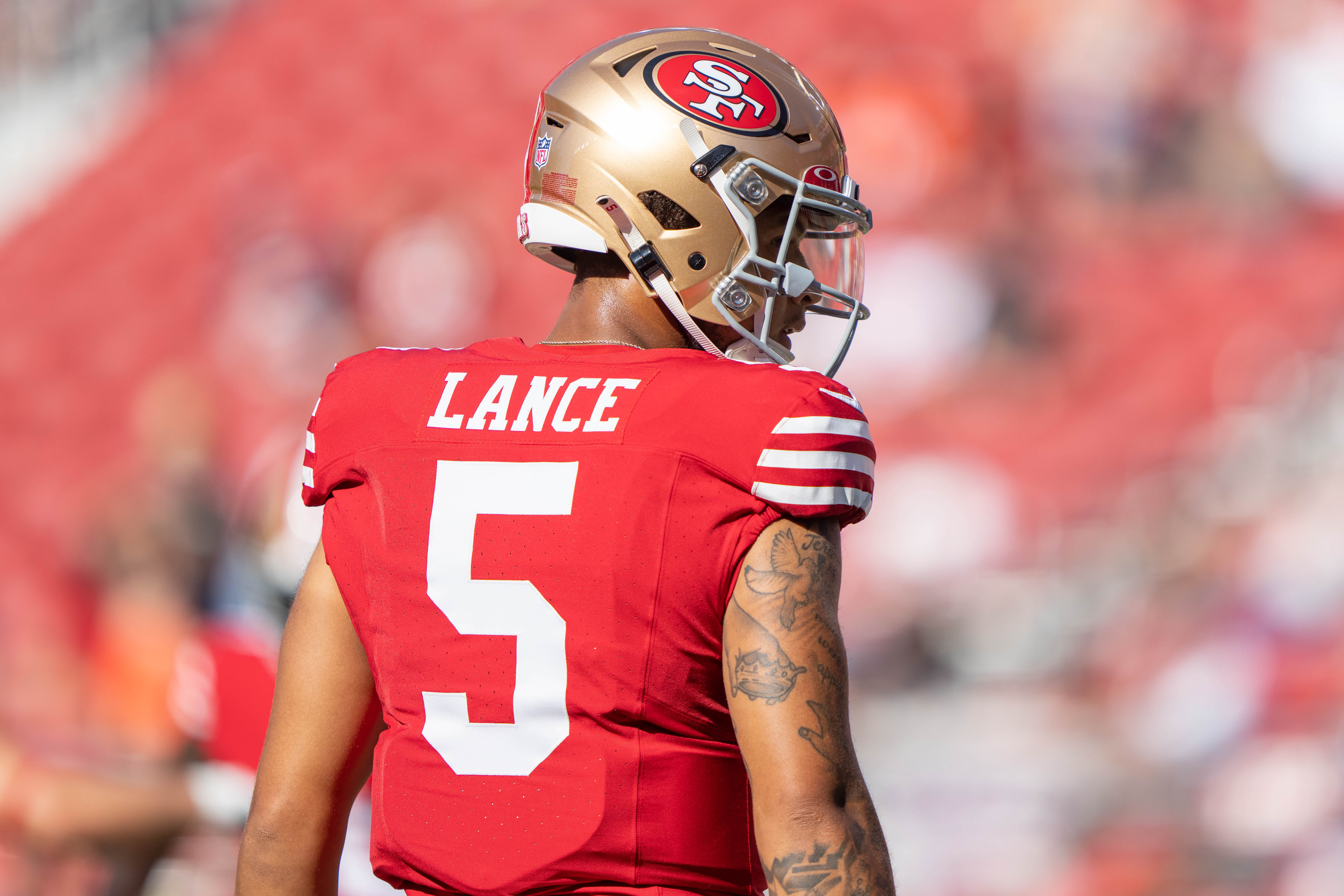 San Francisco 49ers quarterback Trey Lance (5) before the start of the first quarter against the Denver Broncos at Levi's Stadium. Mandatory Credit: Stan Szeto-USA TODAY Sports