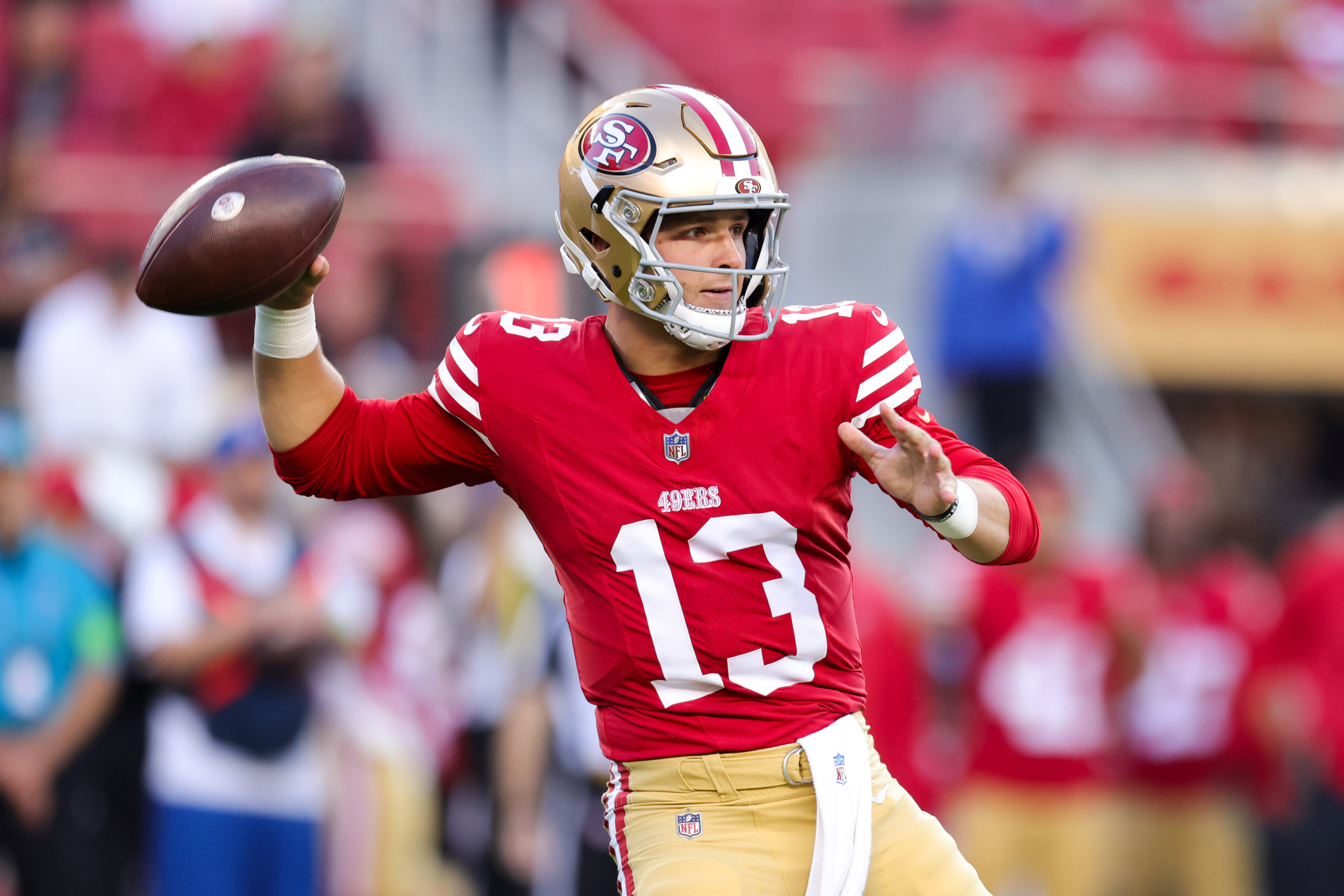 Aug 25, 2023; Santa Clara, California, USA; San Francisco 49ers quarterback Brock Purdy (13) throws a pass during the first quarter against the Los Angeles Chargers at Levi's Stadium. Mandatory Credit: Sergio Estrada-USA TODAY Sports
