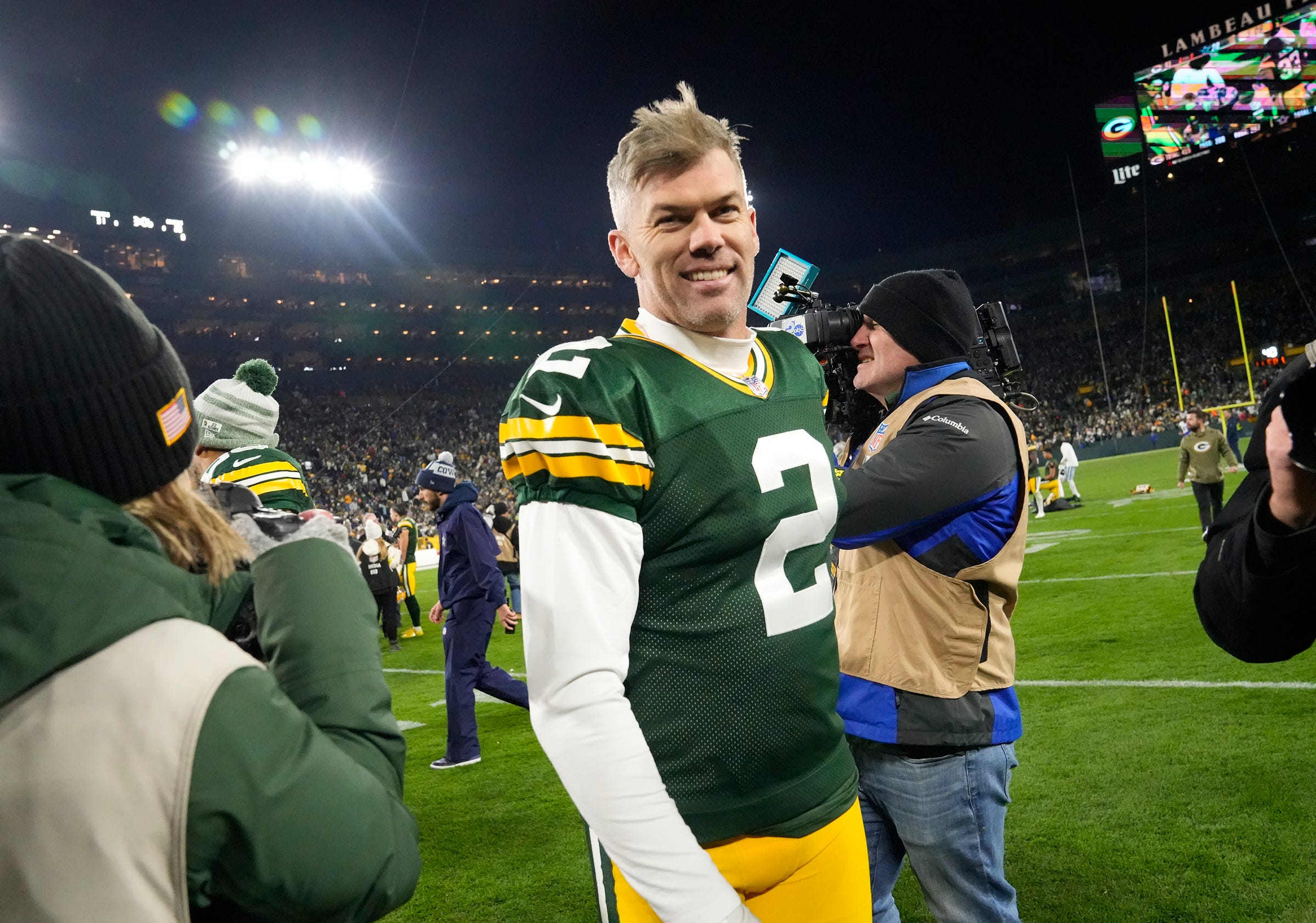 Green Bay Packers place kicker Mason Crosby (2) is all smiles after kicking the game winning field goal after their 31-28 overtime win against the Dallas Cowboys on Sunday, Nov. 13, 2022 at Lambeau Field in Green Bay. Mandatory Credit: Mike De Sisti / Milwaukee Journal Sentinel / USA TODAY NETWORK
