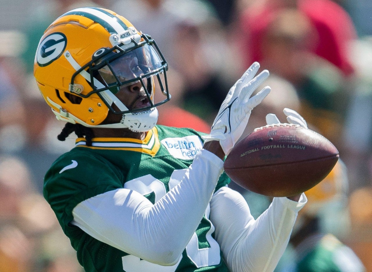 Green Bay Packers safety Tarvarius Moore (30) drops a pass during practice on Saturday, July 29, 2023, at Ray Nitschke Field in Green Bay, Wis. Tork Mason/USA TODAY NETWORK-Wisconsin