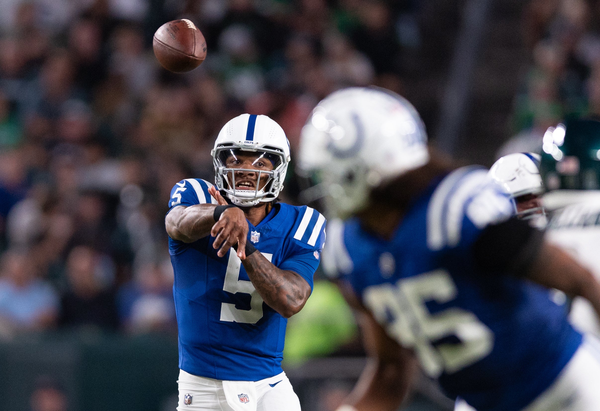 Aug 24, 2023; Philadelphia, Pennsylvania, USA; Indianapolis Colts quarterback Anthony Richardson (5) passes the ball against the Philadelphia Eagles during the second quarter at Lincoln Financial Field.
