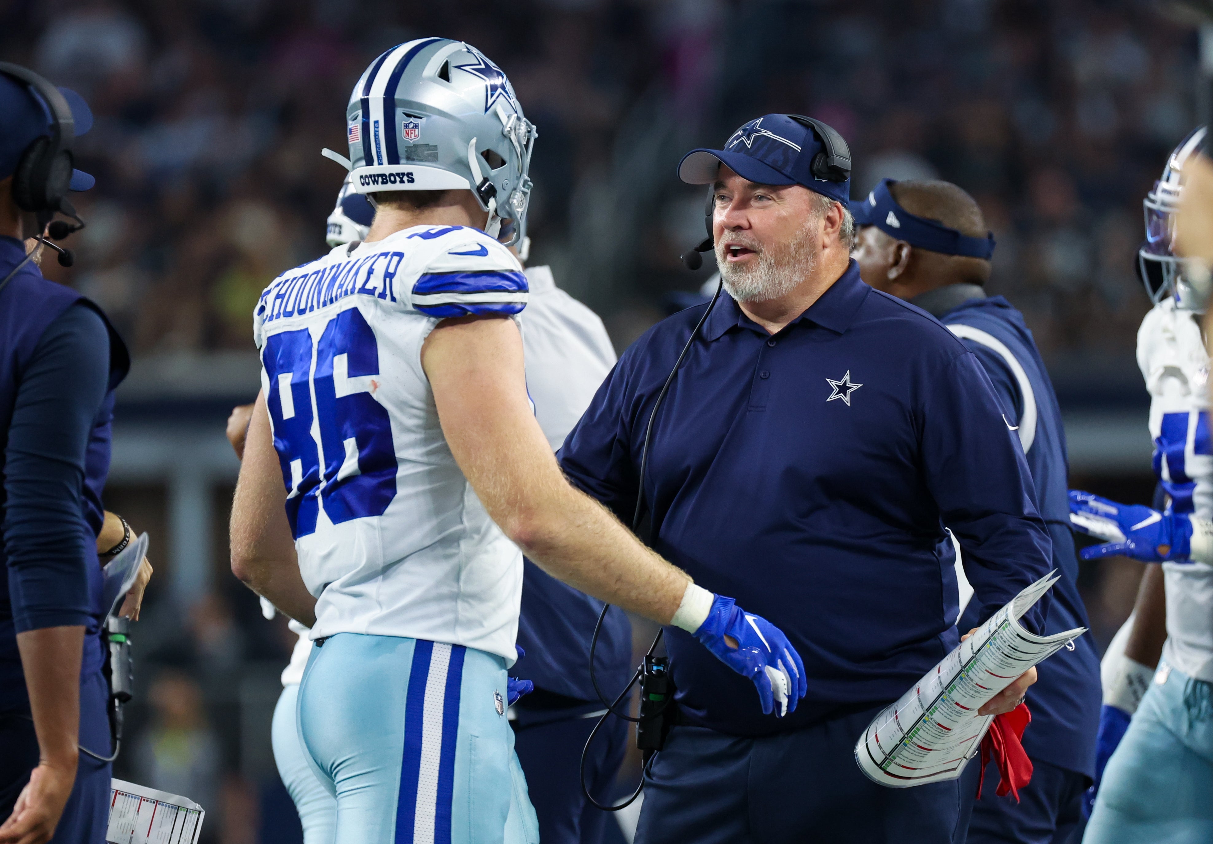Dallas Cowboys head coach Mike McCarthy congratulates Dallas Cowboys tight end Luke Schoonmaker (86) after a touchdown during the second quarter against the Las Vegas Raiders at AT&T Stadium. Mandatory Credit: Kevin Jairaj-USA TODAY Sports