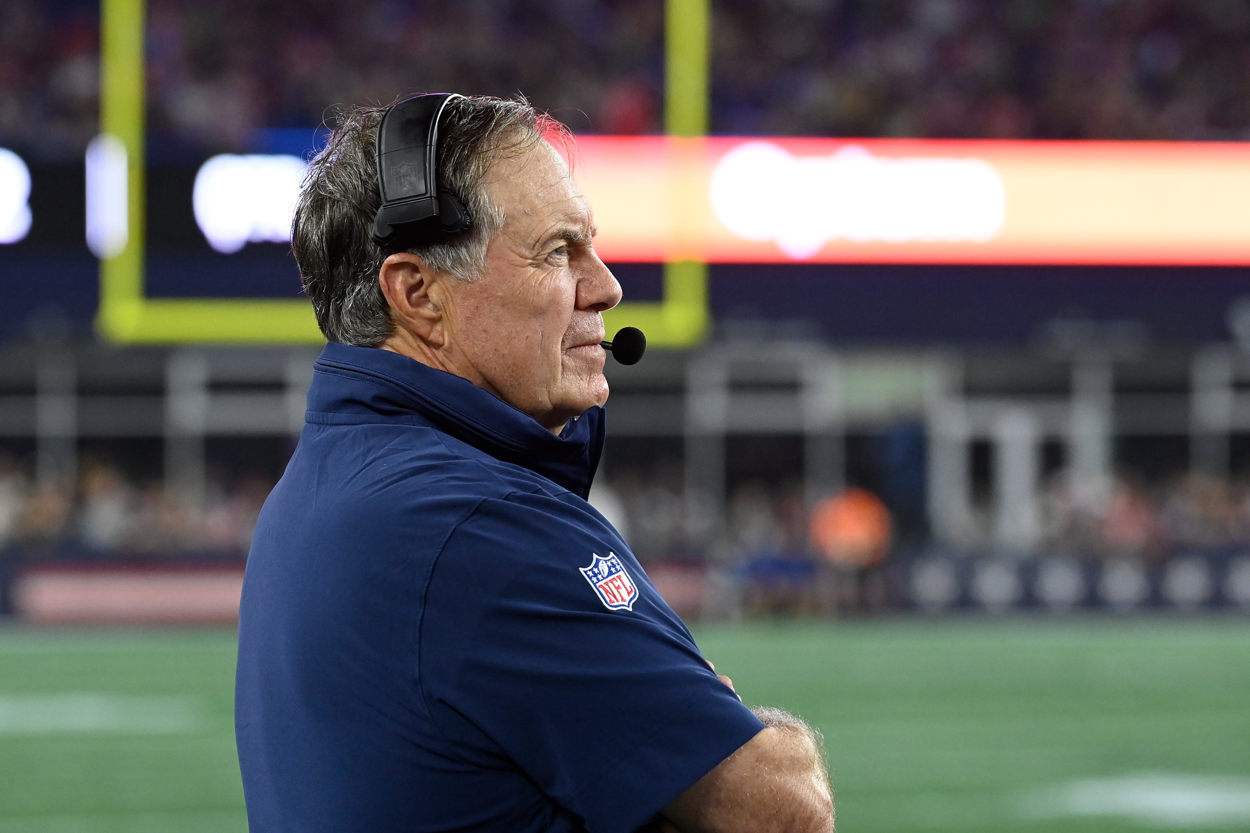 New England Patriots head coach Bill Belichick watches game action against the Houston Texans during the second half at Gillette Stadium. Mandatory Credit: Eric Canha-USA TODAY Sports