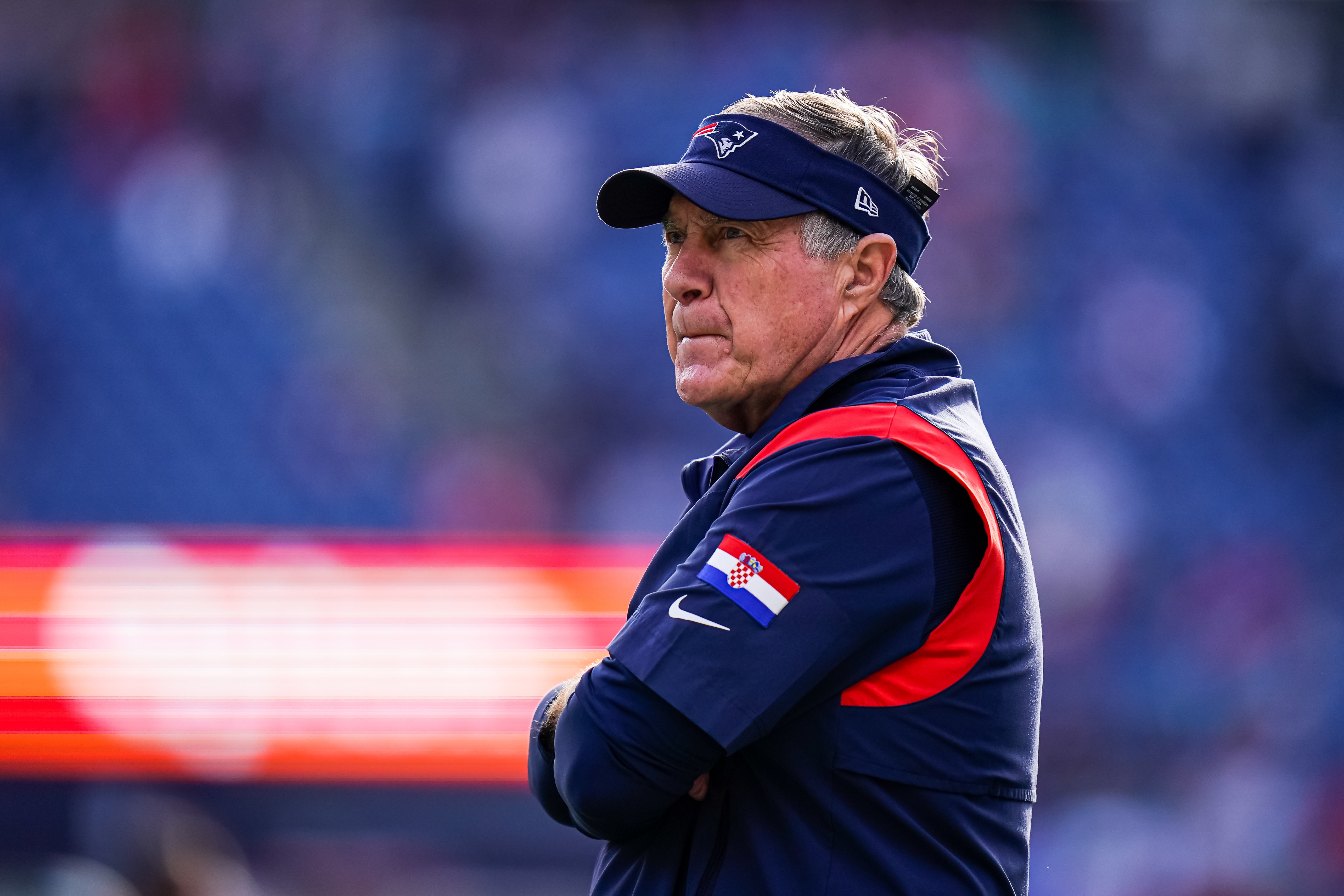 New England Patriots head coach Bill Belichick on the field for warm ups before the start of the game against the Miami Dolphins at Gillette Stadium. Mandatory Credit: David Butler II-USA TODAY Sports