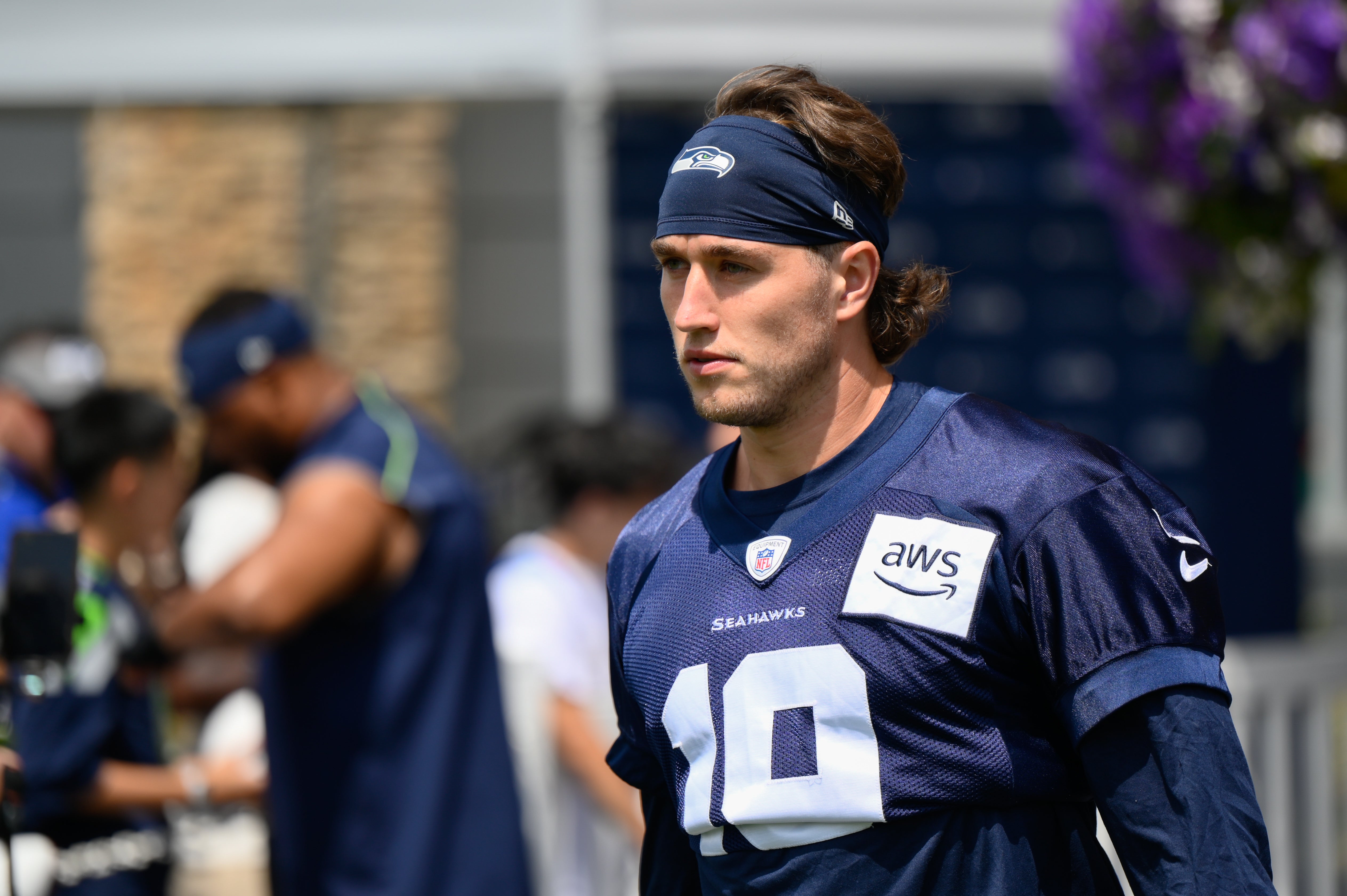 Jul 30, 2023; Renton, WA, USA; Seattle Seahawks wide receiver Jake Bobo (19) prior to training camp at the Virginia Mason Athletic Center. Mandatory Credit: Steven Bisig-USA TODAY Sports