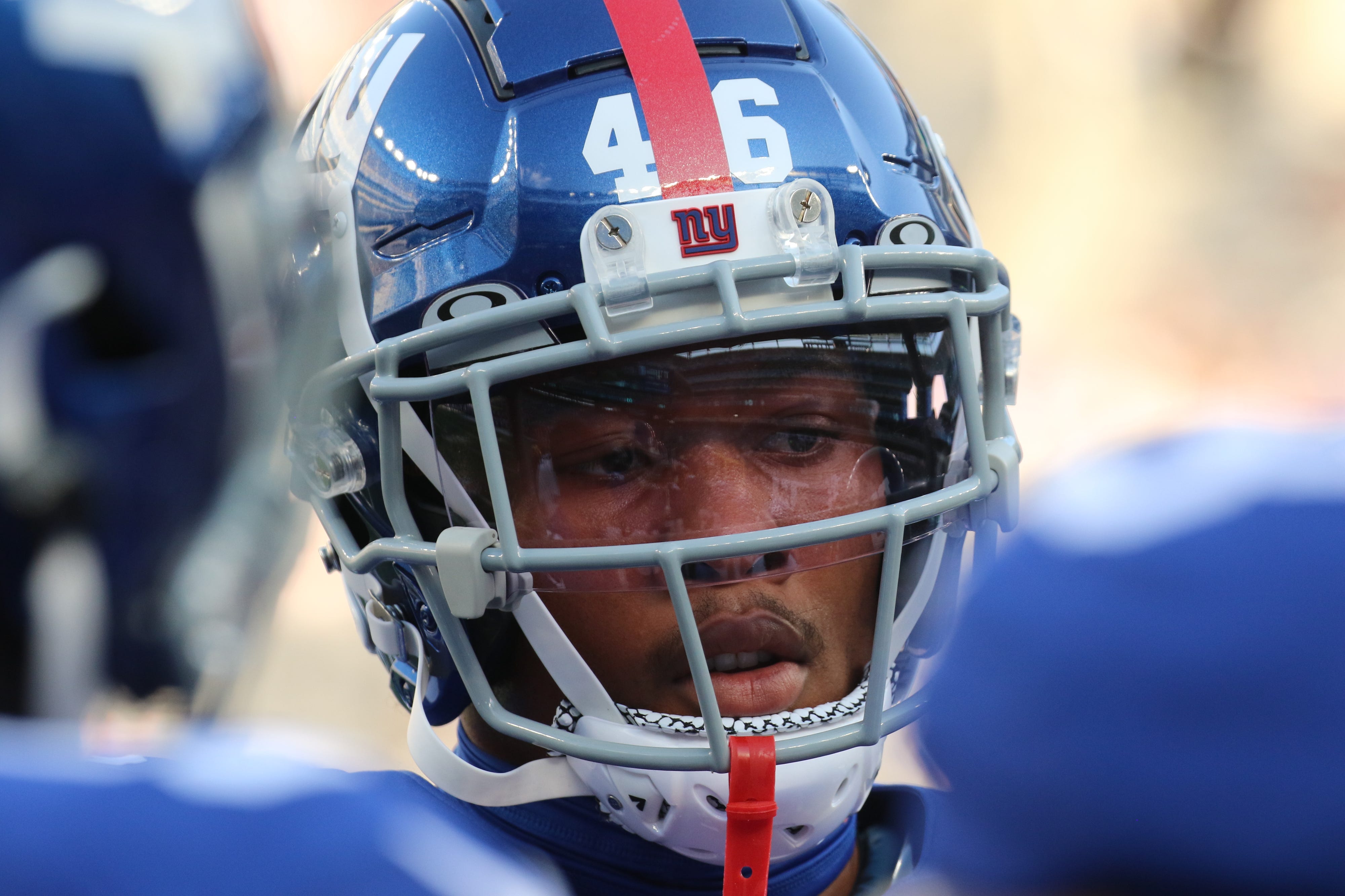 East Rutherford, NJ August 26, 2023 -- New Giants linebacker Isaiah Simmons during warm ups. The NY Jets against the NY Giants on August 26, 2023 at MetLife Stadium in East Rutherford, NJ, as the rivals play their final preseason game before the start of the NFL season.