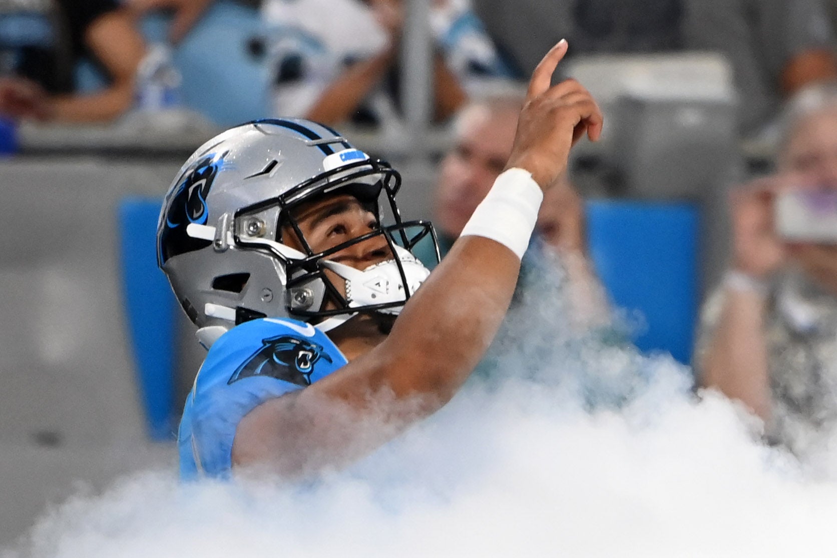Aug 25, 2023; Charlotte, North Carolina, USA; Carolina Panthers quarterback Bryce Young (9) runs on to the field before the game at Bank of America Stadium. Mandatory Credit: Bob Donnan-USA TODAY Sports