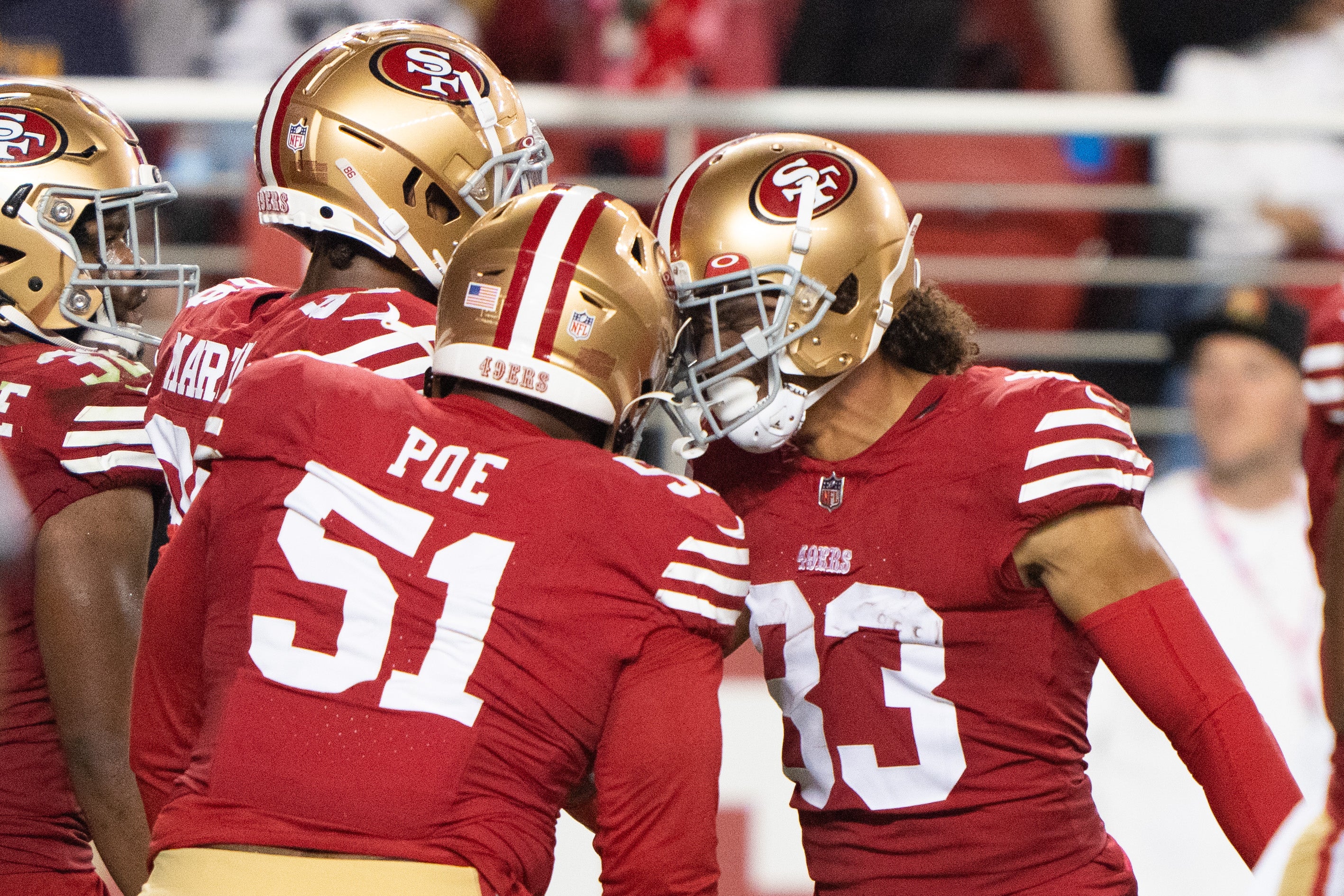 Aug 25, 2023; Santa Clara, California, USA; San Francisco 49ers wide receiver Willie Snead IV (83) celebrates with teammates after scoring a touchdown during the third quarter against the Los Angeles Chargers at Levi's Stadium. Mandatory Credit: Stan Szeto-USA TODAY Sports