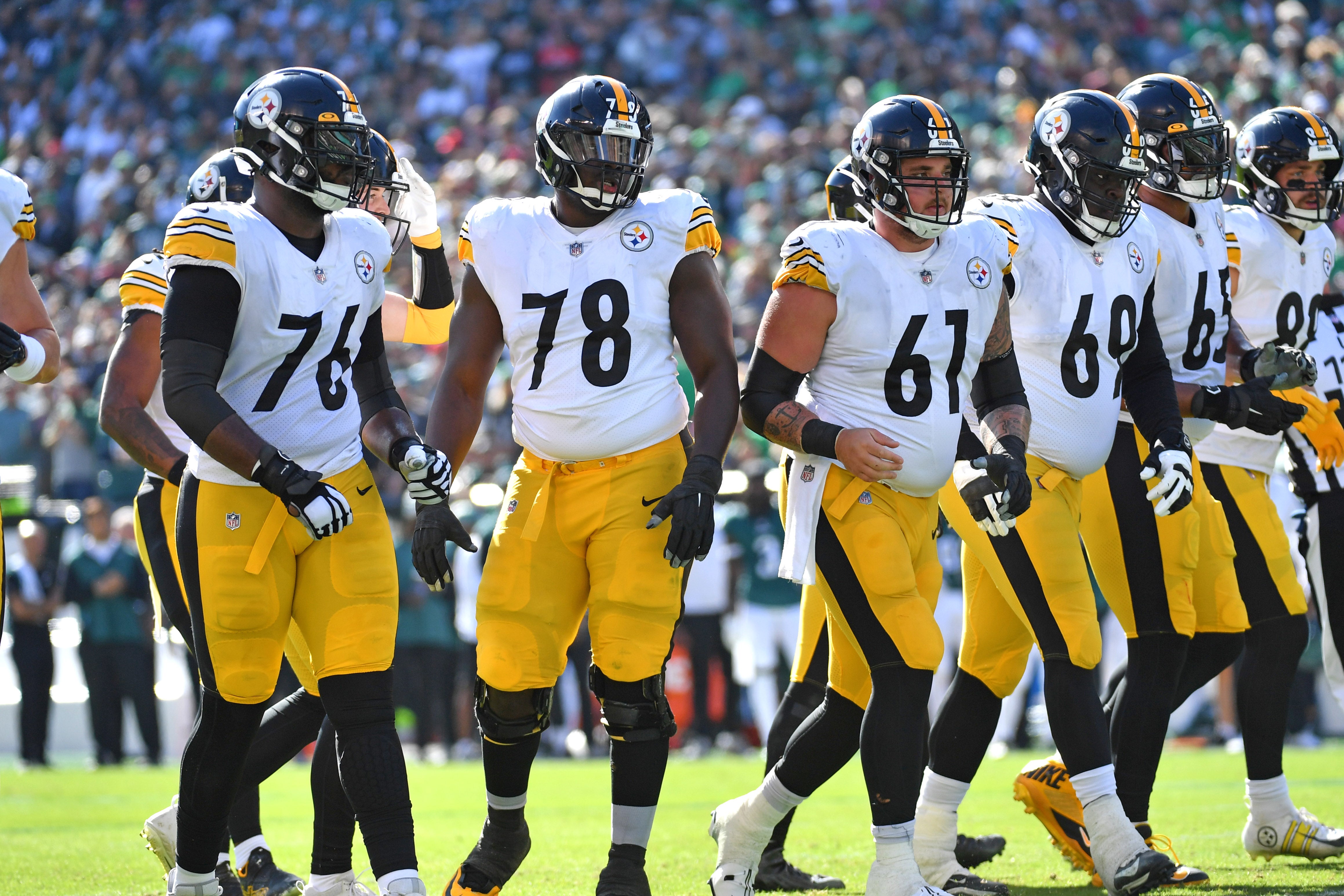 Oct 30, 2022; Philadelphia, Pennsylvania, USA; Pittsburgh Steelers offensive tackle Chukwuma Okorafor (76), guard James Daniels (78), center Mason Cole (61), guard Kevin Dotson (69), offensive tackle Dan Moore Jr. (65) lineup against the Philadelphia Eagles at Lincoln Financial Field. Mandatory Credit: Eric Hartline-USA TODAY Sports