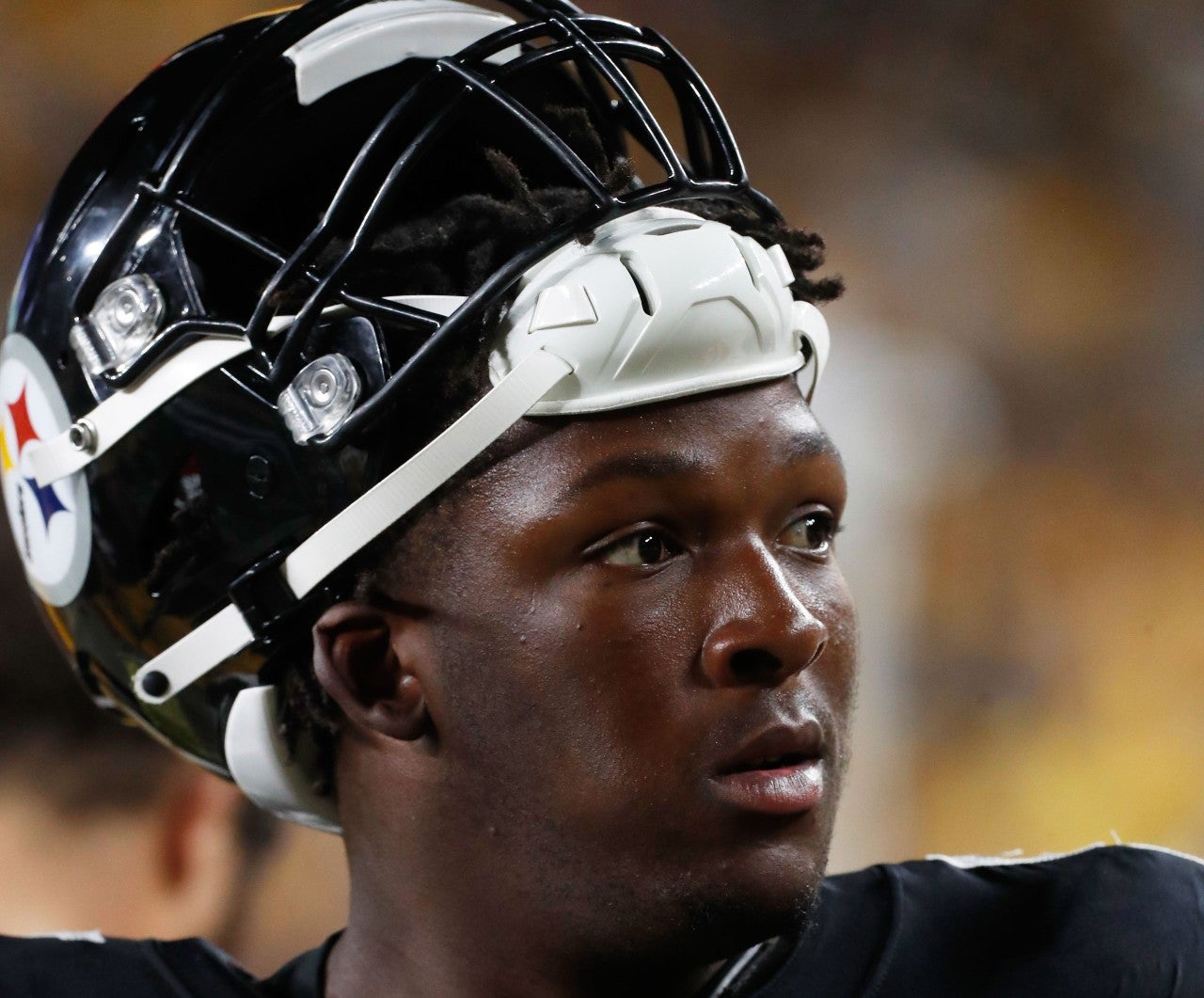 Aug 19, 2023; Pittsburgh, Pennsylvania, USA; Pittsburgh Steelers defensive tackle Keeanu Benton (95) looks on from the sidelines against the Buffalo Bills during the fourth quarter at Acrisure Stadium. Mandatory Credit: Charles LeClaire-USA TODAY Sports