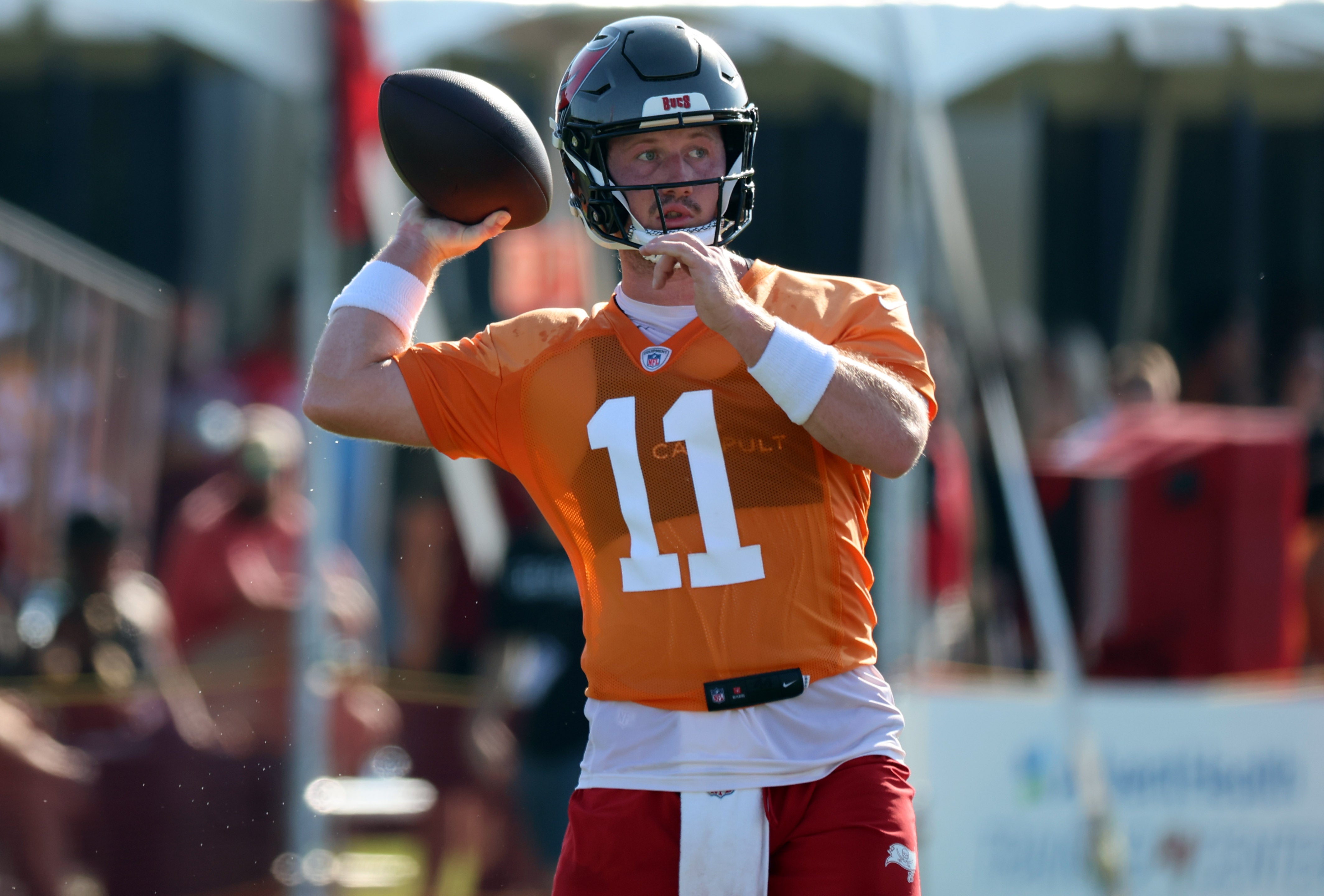 Jul 30, 2023; Tampa, FL, USA; Tampa Bay Buccaneers quarterback John Wolford (11) works out during training camp at AdventHealth Training Center. Mandatory Credit: Kim Klement-USA TODAY Sports