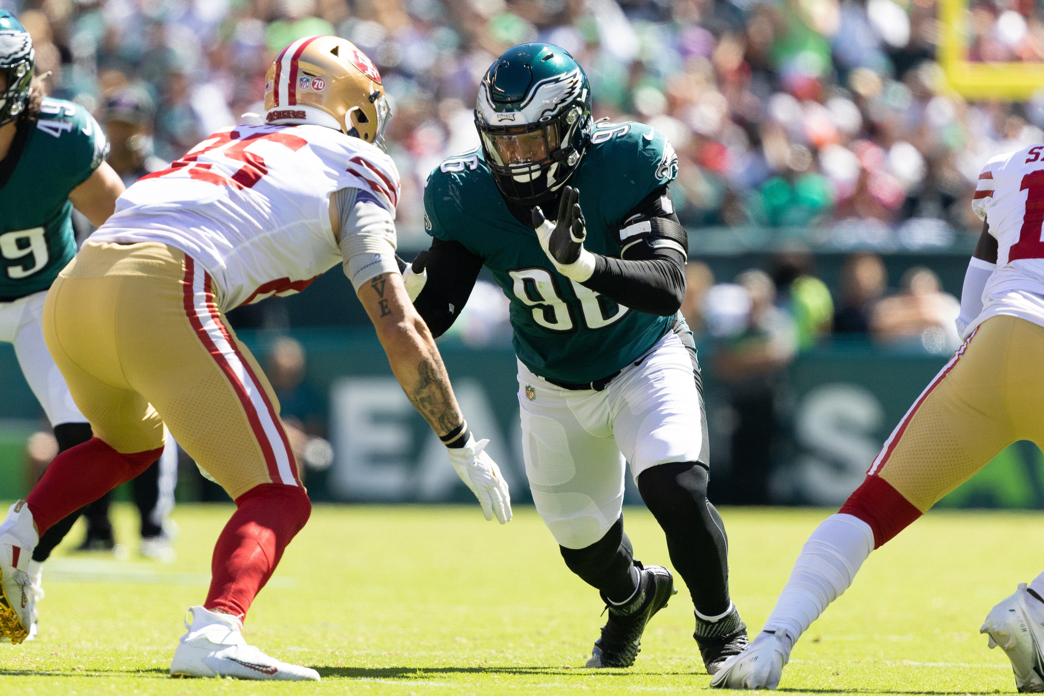 Sep 19, 2021; Philadelphia, Pennsylvania, USA; Philadelphia Eagles defensive end Derek Barnett (96) in action against the San Francisco 49ers at Lincoln Financial Field. Mandatory Credit: Bill Streicher-USA TODAY Sports