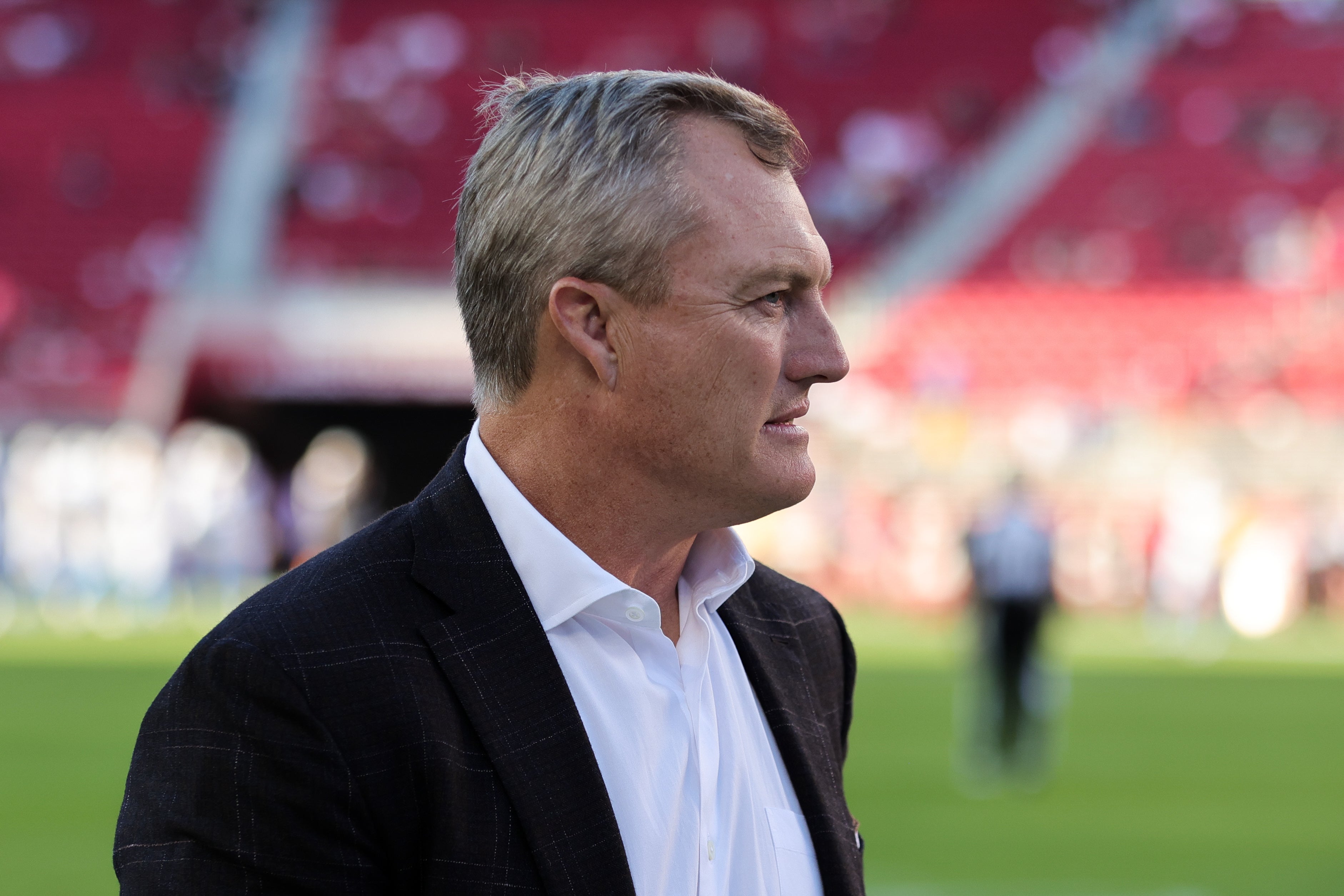Aug 25, 2023; Santa Clara, California, USA; San Francisco 49ers general manager John Lynch before the game against the Los Angeles Chargers at Levi's Stadium. Mandatory Credit: Sergio Estrada-USA TODAY Sports