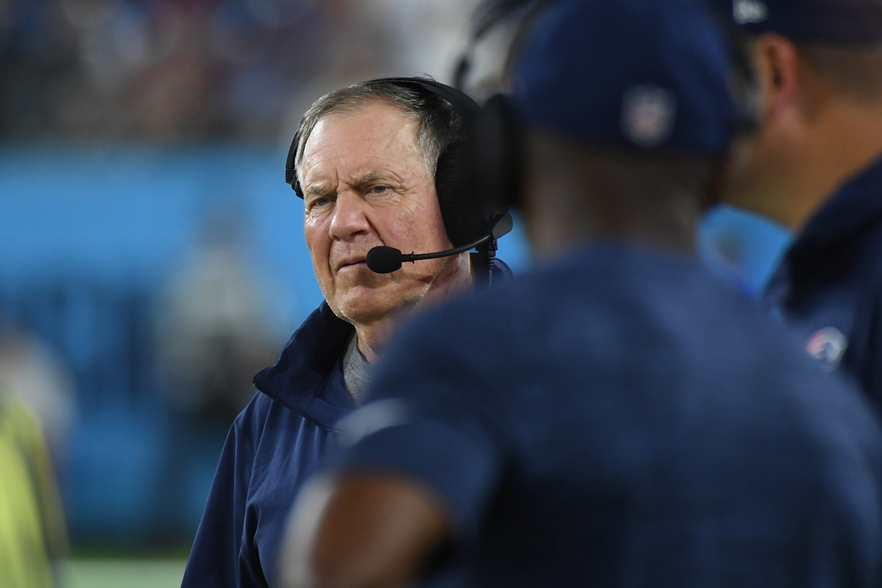 Aug 25, 2023; Nashville, Tennessee, USA; New England Patriots head coach Bill Belichick walks the sideline during the first half against the Tennessee Titans at Nissan Stadium.
