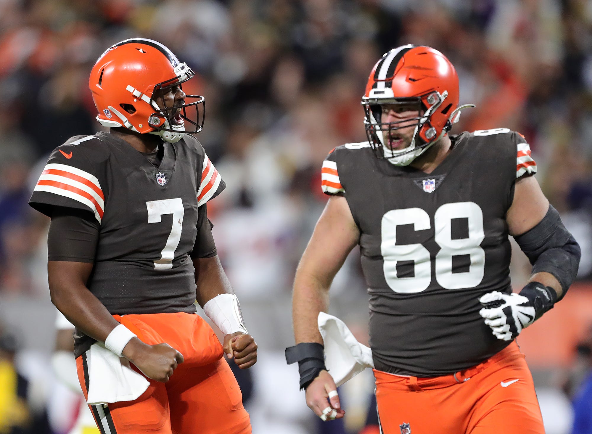Browns quarterback Jacoby Brissett (7) celebrates after rushing for a second-half first down with guard Michael Dunn against the Steelers, Thursday, Sept. 22, 2022, in Cleveland. Brownssteelers 12  