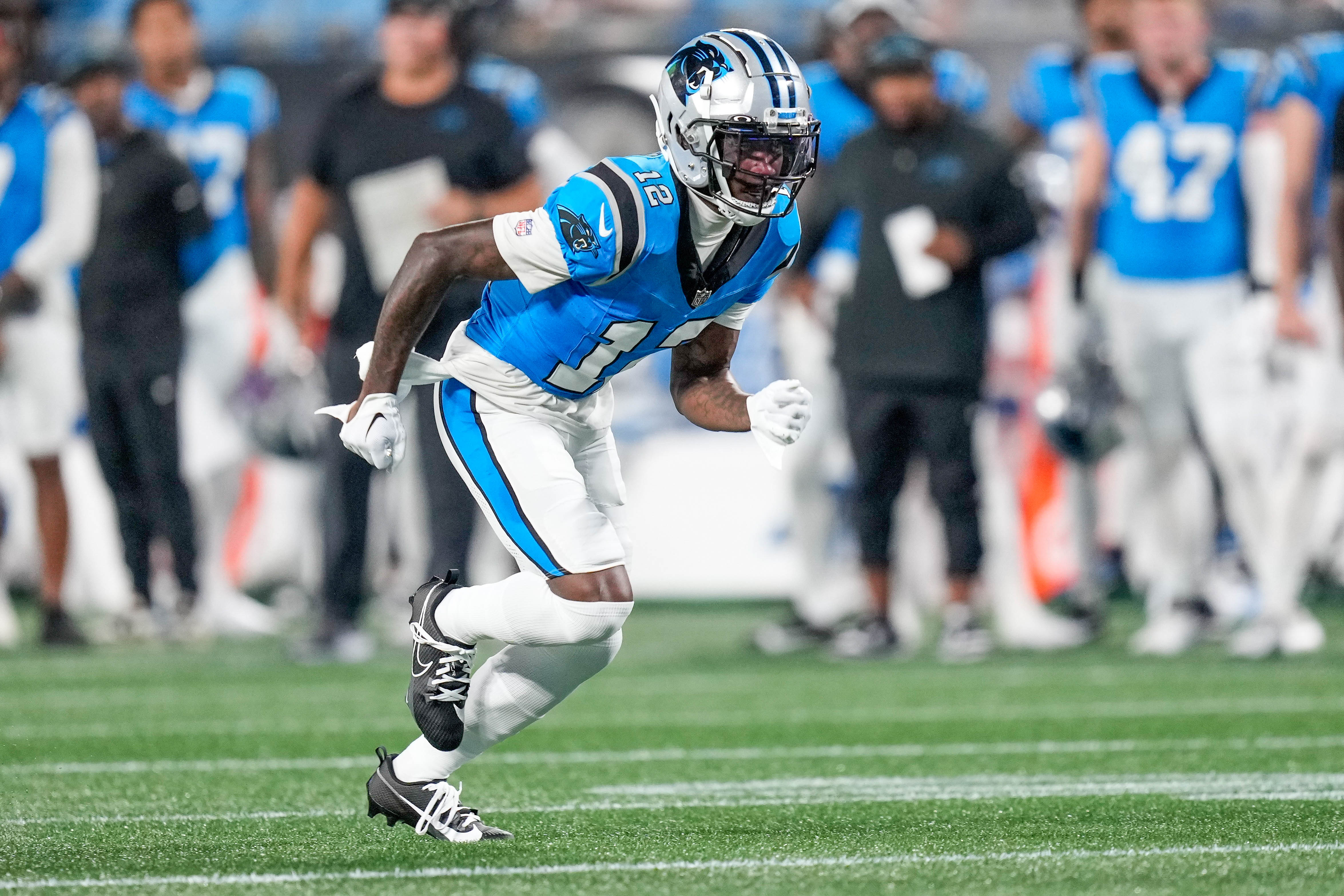 Aug 25, 2023; Charlotte, North Carolina, USA; Carolina Panthers wide receiver Shi Smith (12) during the first quarter against the Detroit Lions at Bank of America Stadium. Mandatory Credit: Jim Dedmon-USA TODAY Sports