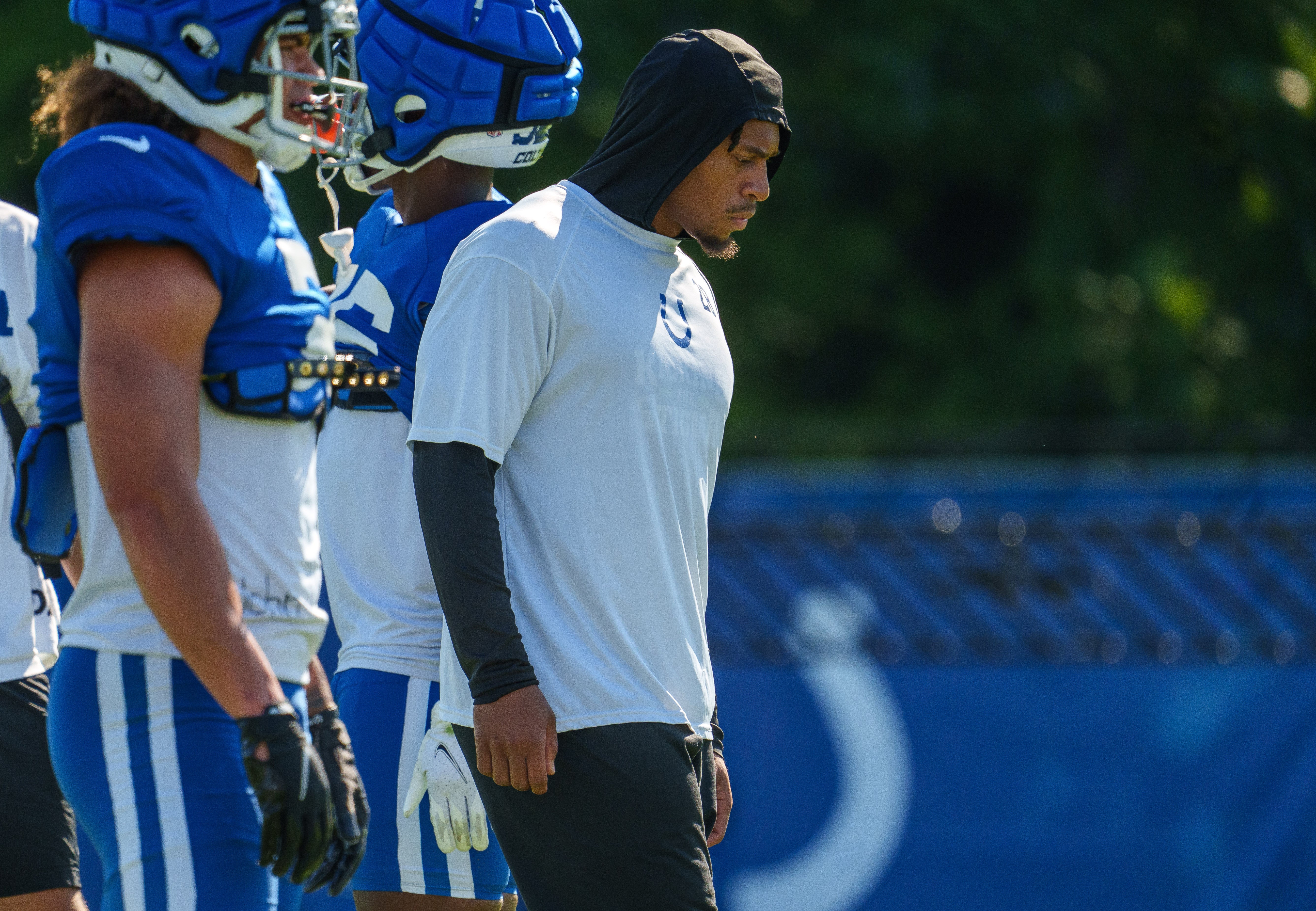 July 31, 2023; Westfield, IN, USA; Indianapolis Colts running back Jonathan Taylor (28) stands near other running backs during drills Monday, July 31, 2023, during training camp at the Grand Park Sports Campus in Westfield, Indiana.