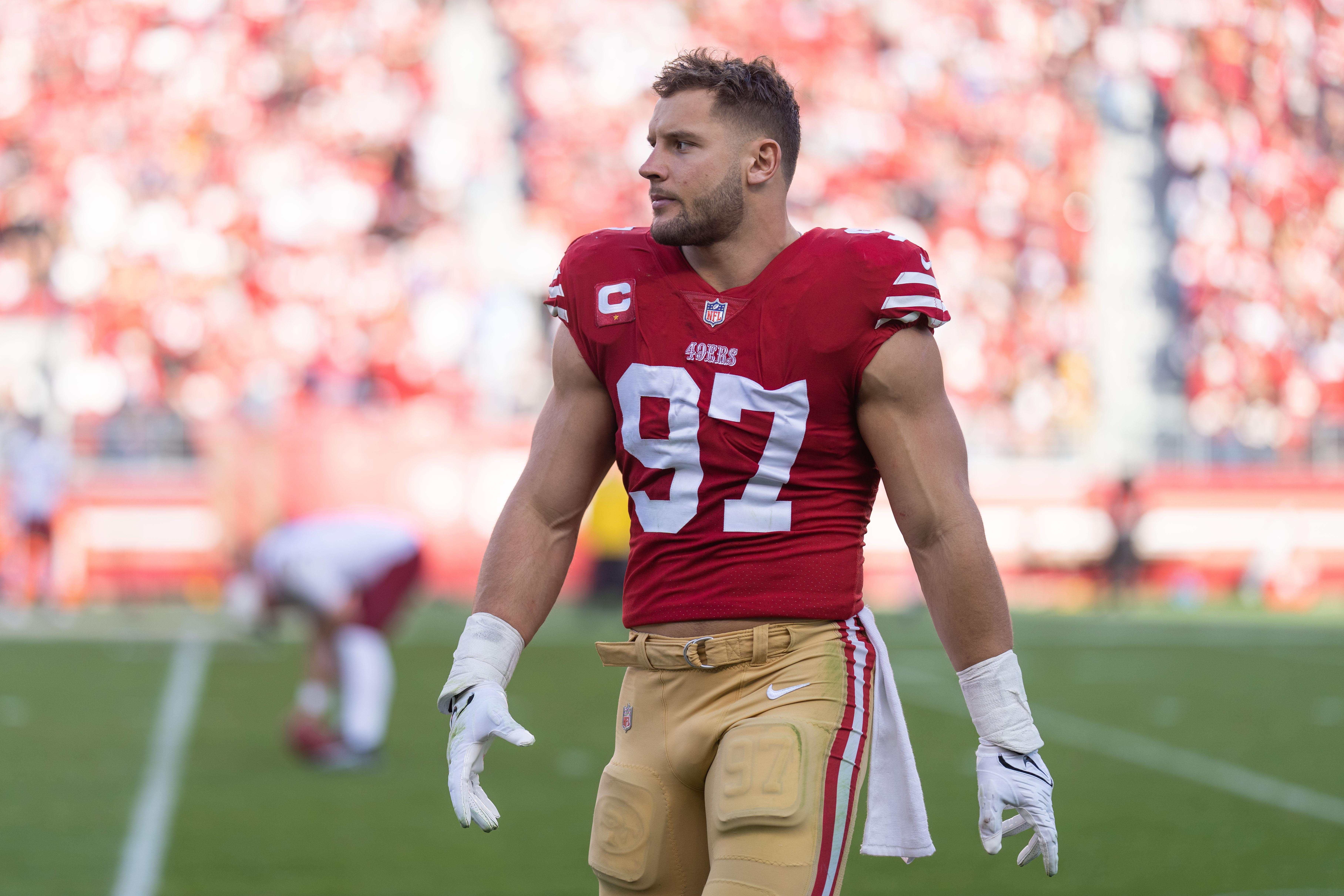 Dec 24, 2022; Santa Clara, California, USA; San Francisco 49ers defensive end Nick Bosa (97) before the start of the third quarter against the Washington Commanders at Levi's Stadium. Mandatory Credit: Stan Szeto-USA TODAY Sports