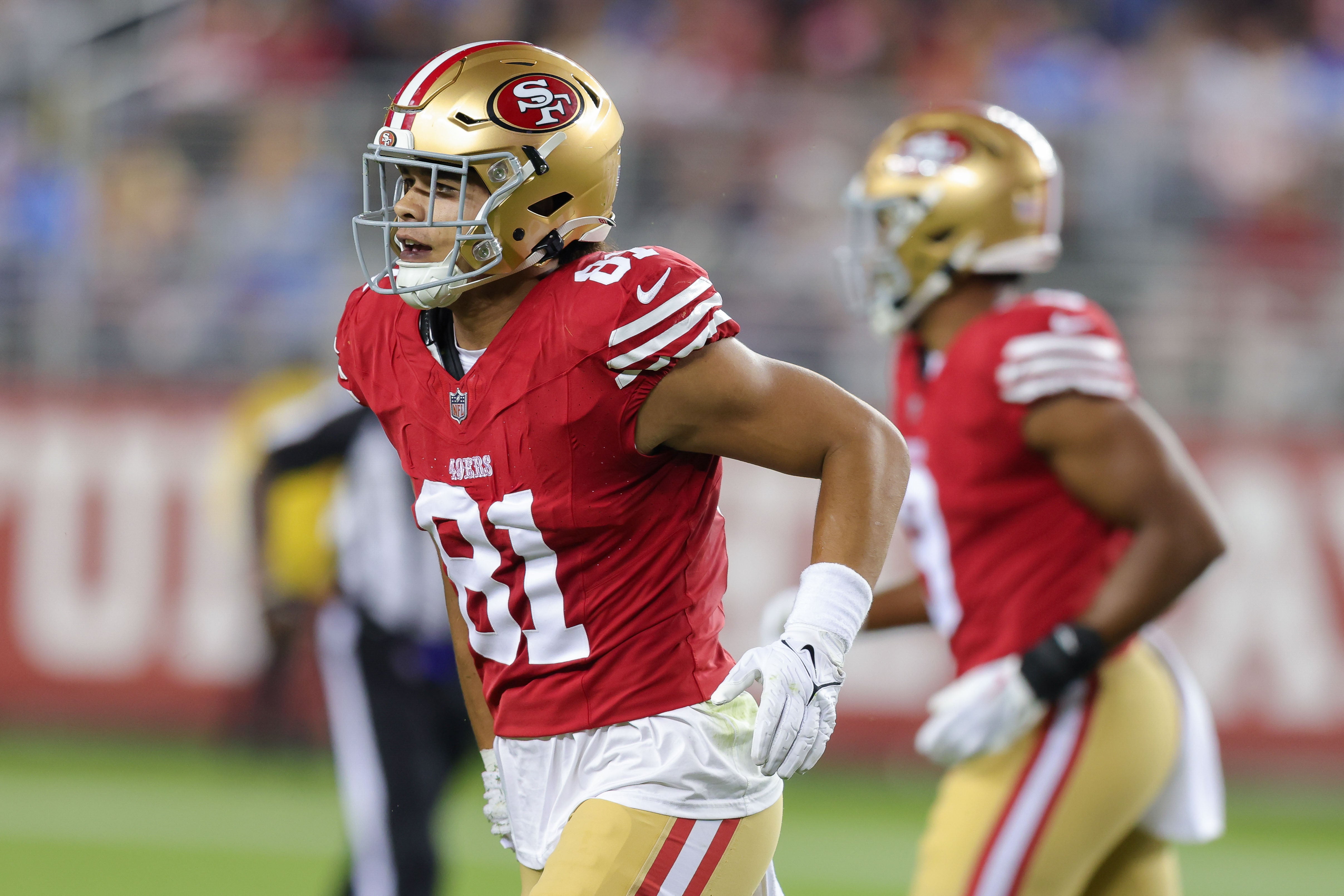 Aug 25, 2023; Santa Clara, California, USA; San Francisco 49ers tight end Cameron Latu (81) during the game against the Los Angeles Chargers at Levi's Stadium. Mandatory Credit: Sergio Estrada-USA TODAY Sports