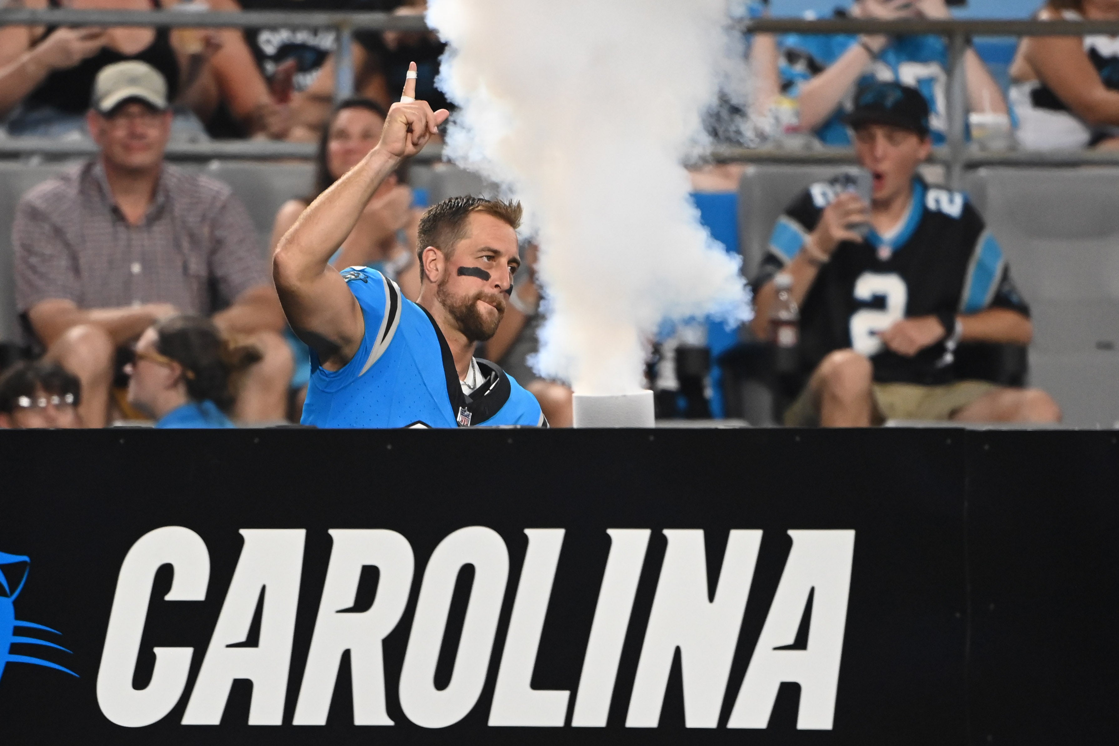 Aug 25, 2023; Charlotte, North Carolina, USA; Carolina Panthers wide receiver Adam Thielen (19) runs on to the field before the game at Bank of America Stadium. Mandatory Credit: Bob Donnan-USA TODAY Sports